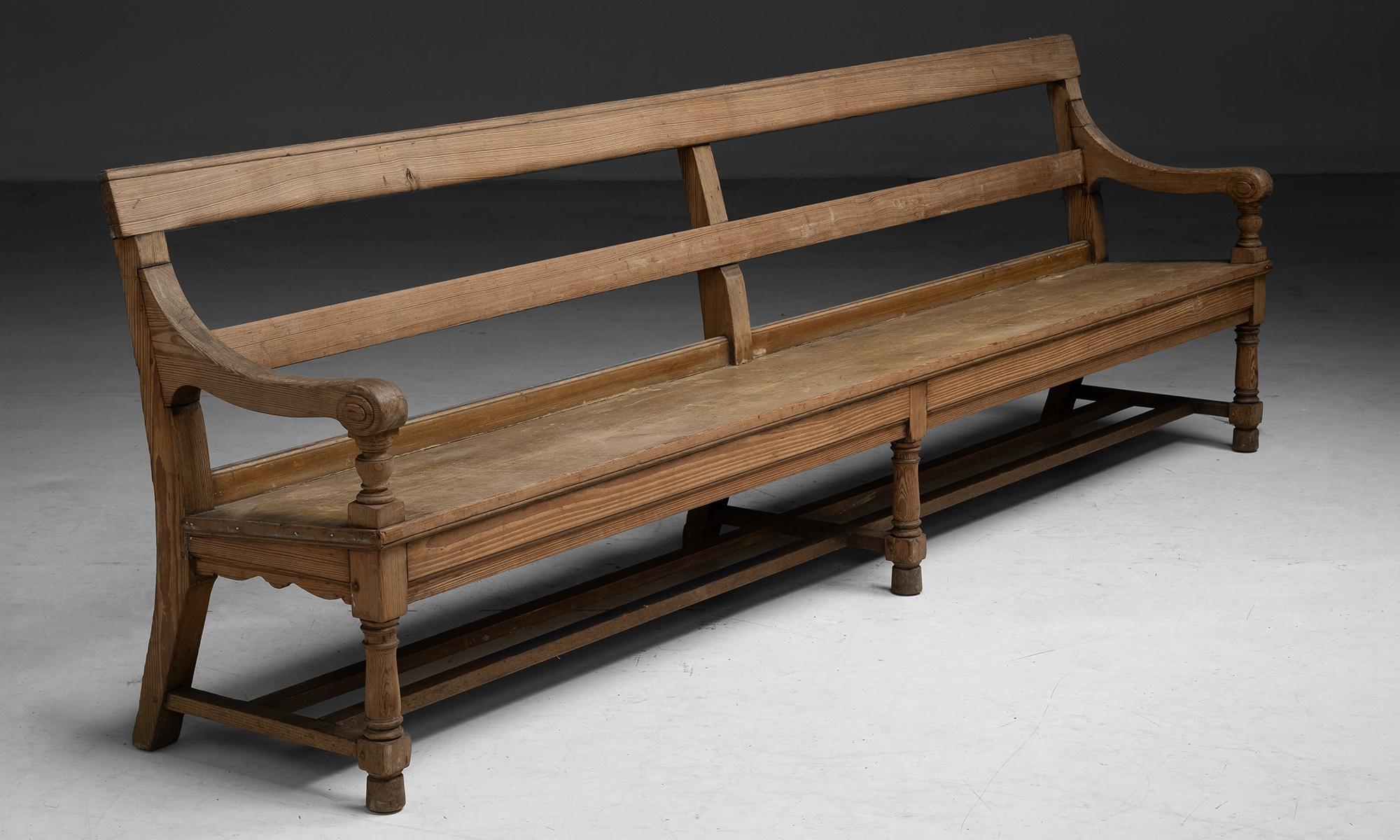 England circa 1840
Plank seat, with carved details and pine construction. From a rural midlands chapel.
107.5”L x 21”d x 33.75”h x 16”seat
Ref. CFRN1269
$ 4,200