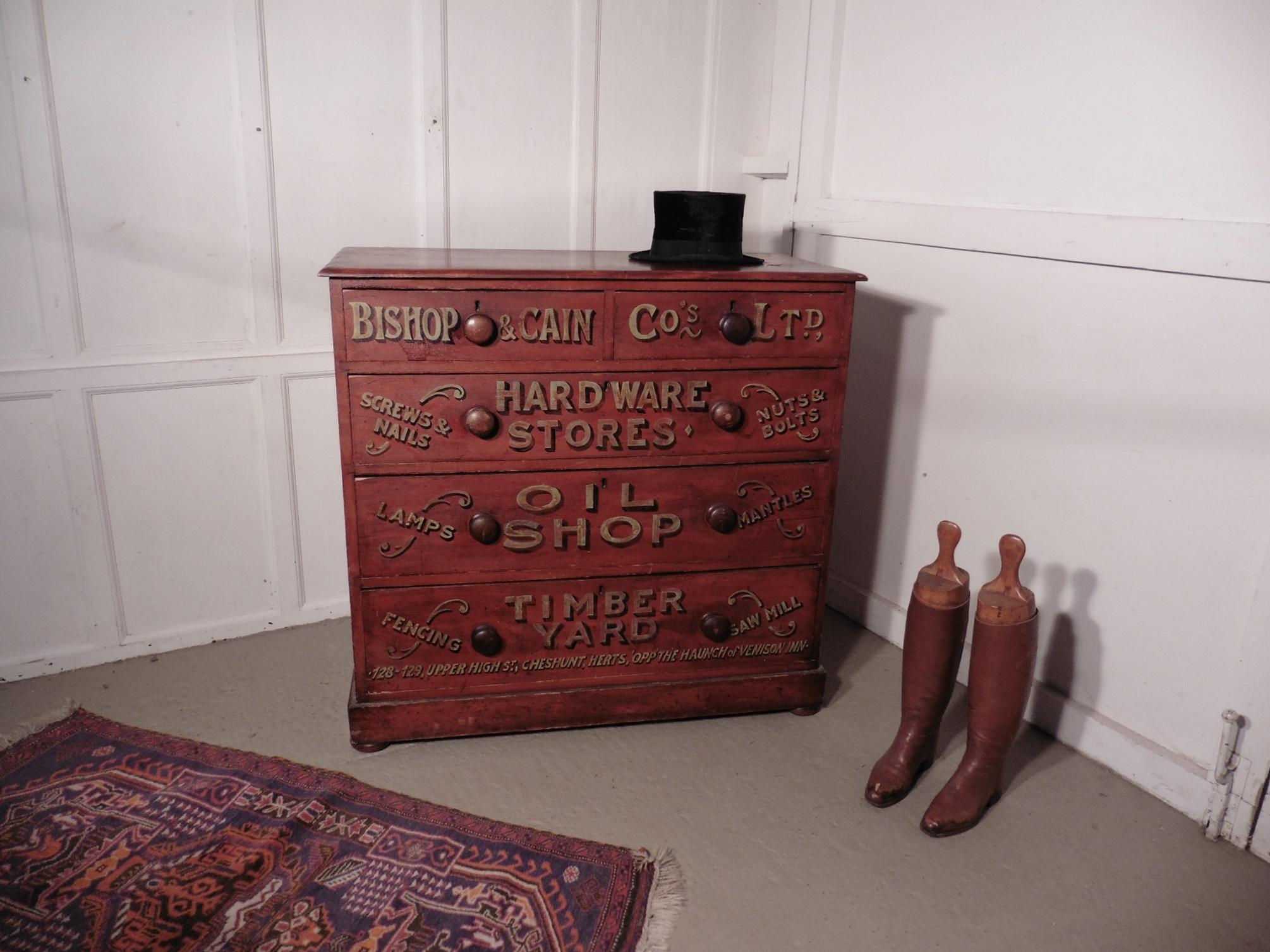 Pine chest of drawers, advertising Bishop and Cain Ironmongers

This is a 5-drawer pine chest of drawers, the chest of drawers is decorated on the front advertising Bishop and Cain Ironmongers who sell everything from candles to Sawn Timber
