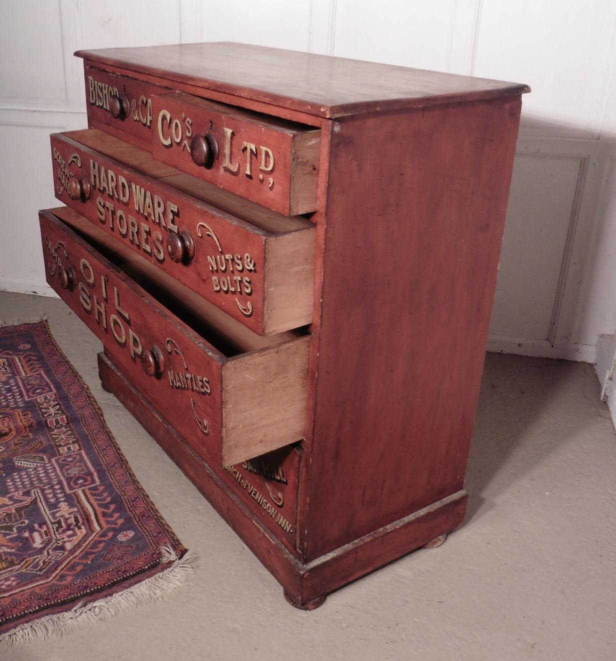 Folk Art Pine Chest of Drawers, Advertising Bishop and Cain Ironmongers