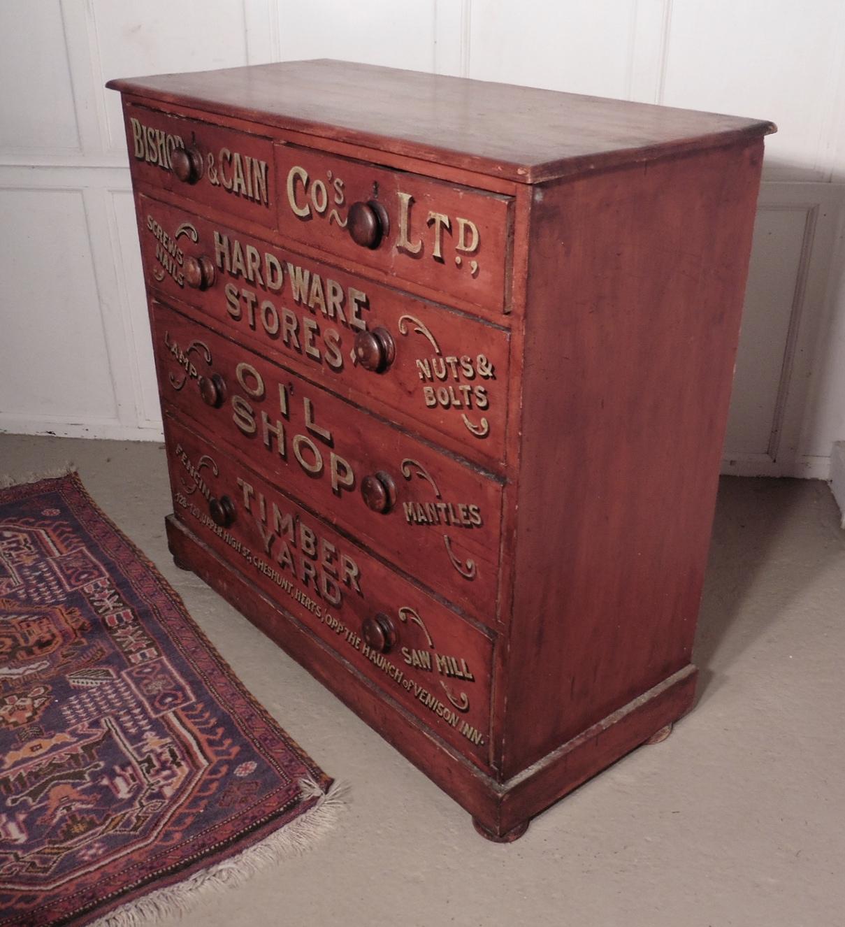 Late 19th Century Pine Chest of Drawers, Advertising Bishop and Cain Ironmongers