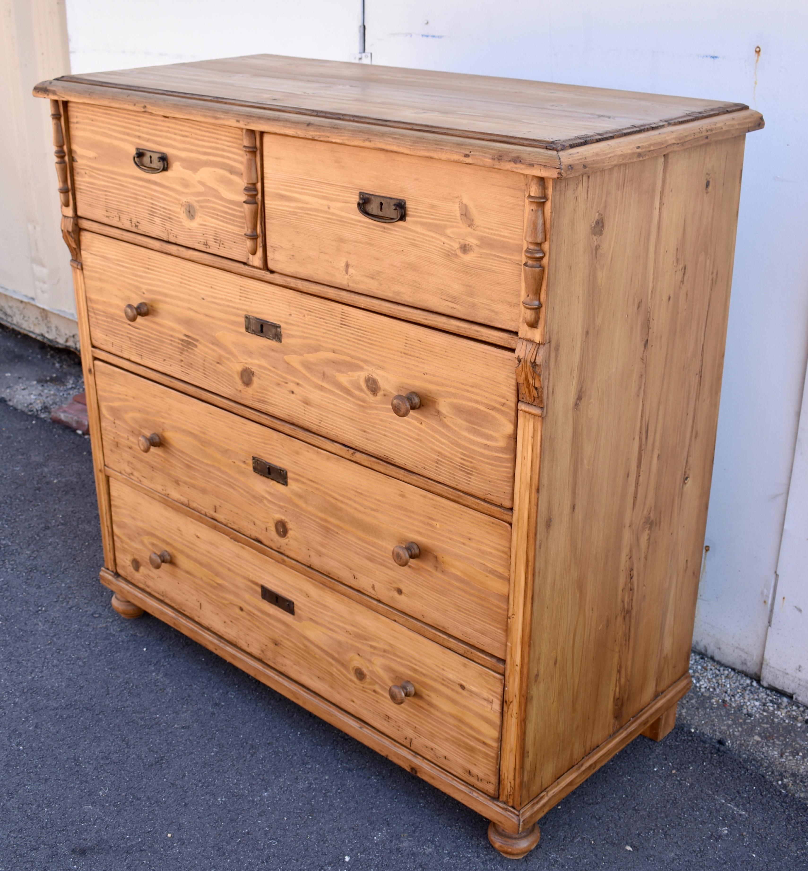 Polished Pine Chest of Five Drawers