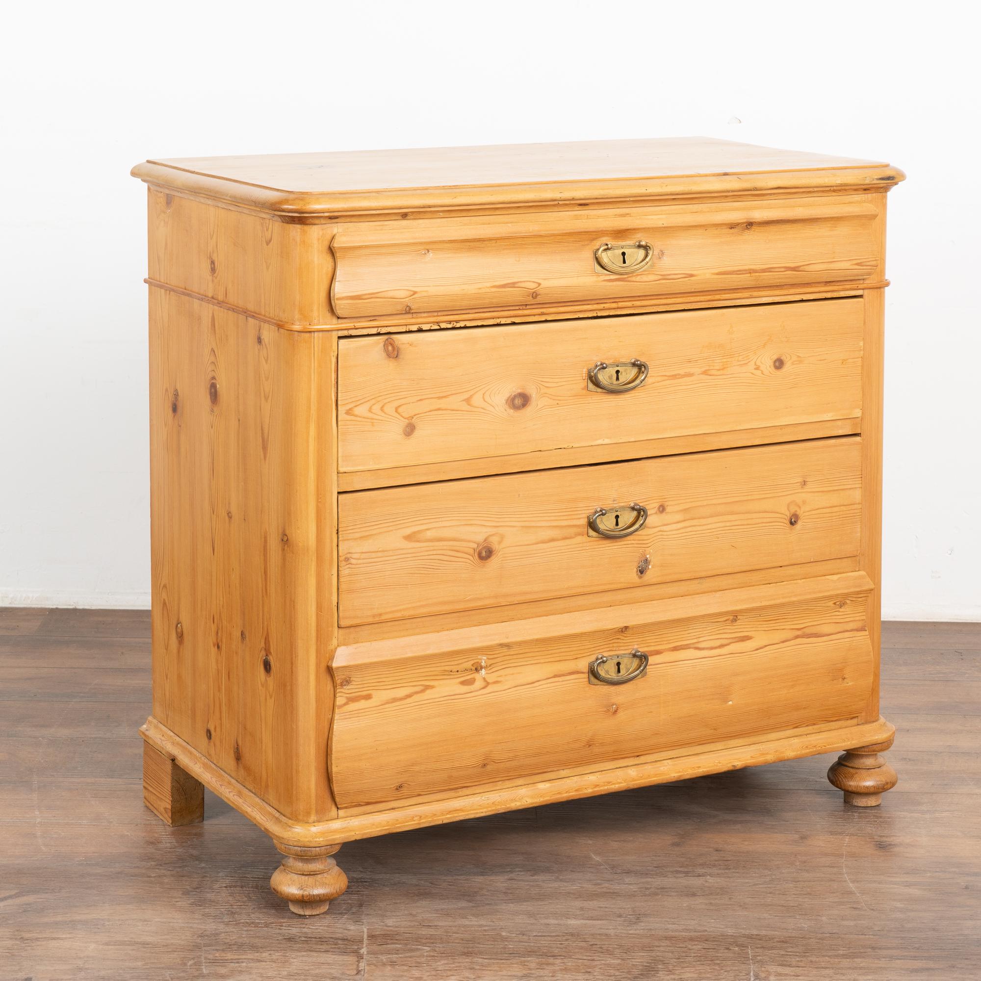 Antique pine chest of four drawers resting on bun feet.
Gentle curves to top and bottom drawers, dove-tail joints and brass pulls.
Note the natural wax finish that brings out the warmth of the pine. 
Restored, this dresser is strong, stable and