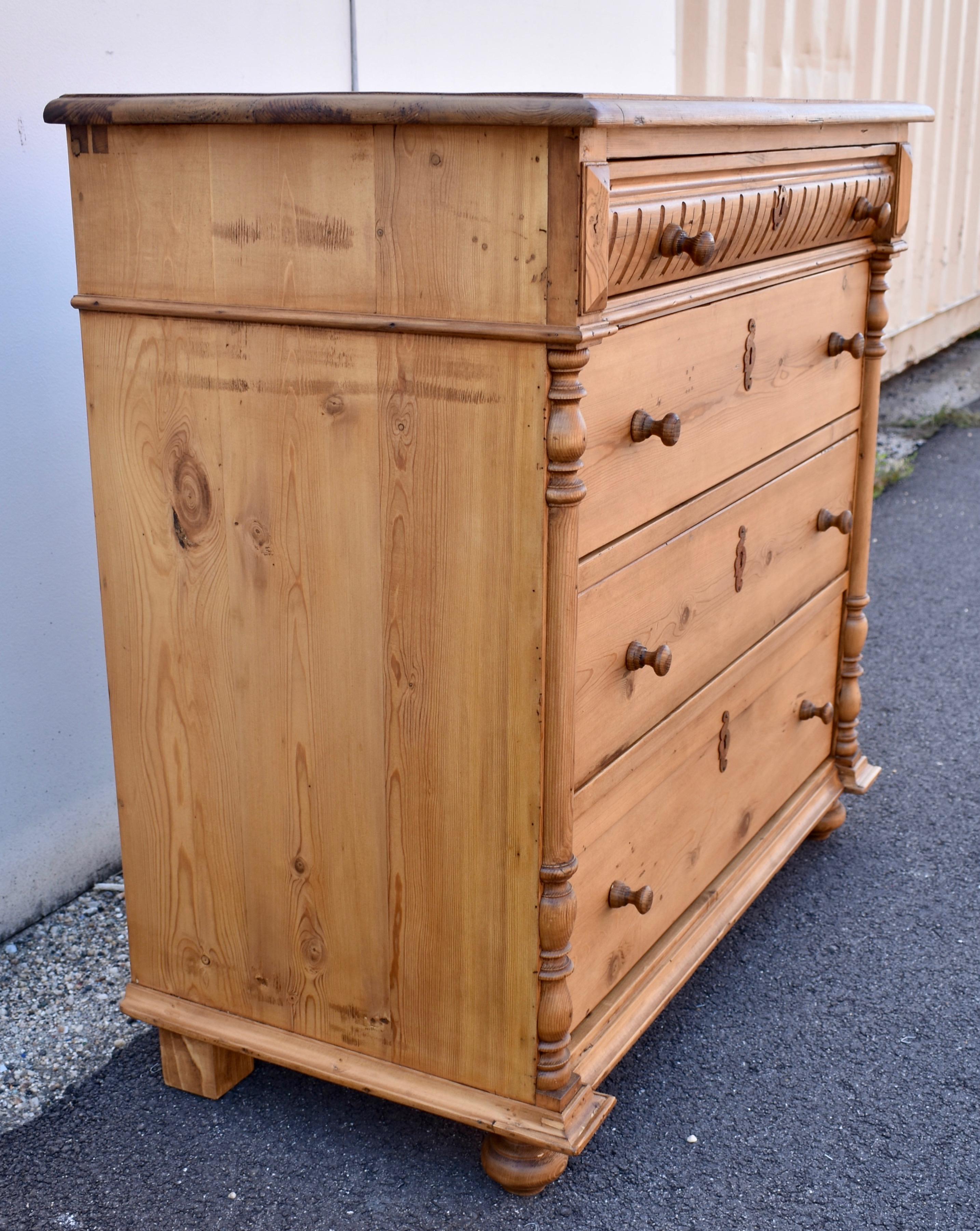 Polished Pine Chest of Four Drawers For Sale