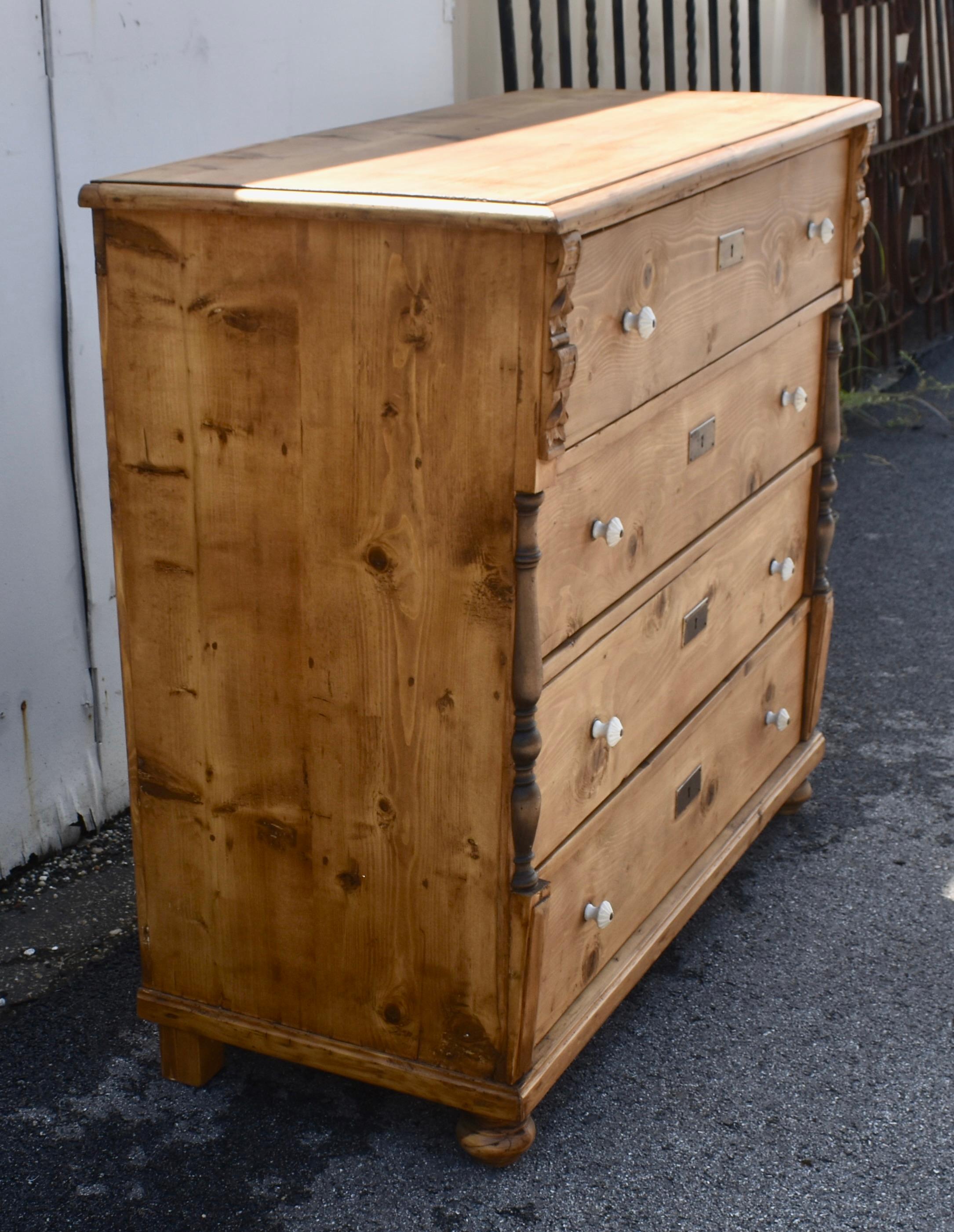 Polished Pine Chest of Four Drawers For Sale