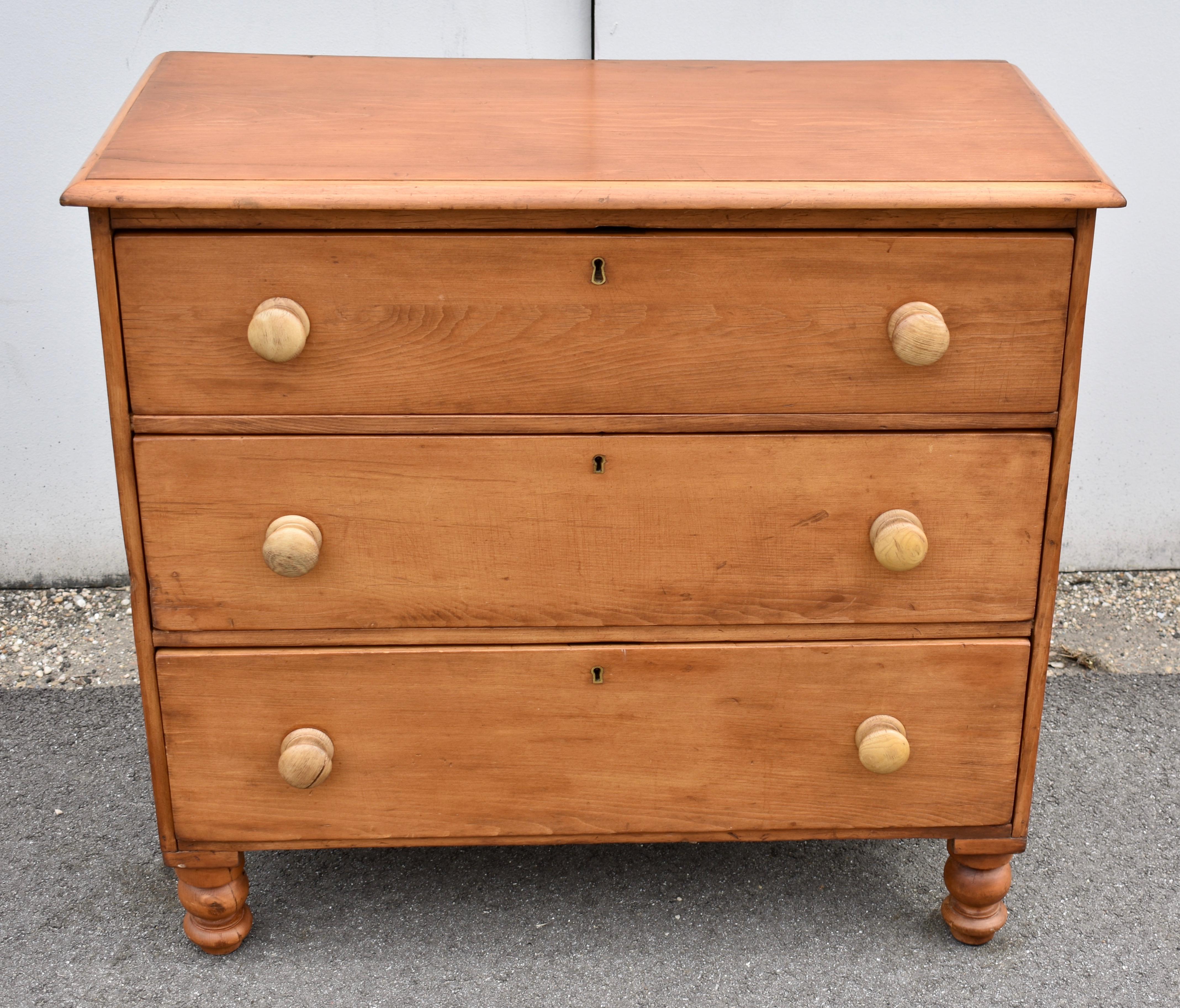 JSK01 Pine Three Drawer Chest 35.5”Wx17.5”Dx33”H England circa 1880 $1295.00
This pretty three drawer chest is very light in weight, as is typical of late nineteenth century English pieces made of “deal”, as this type of pine was known.  The wood is