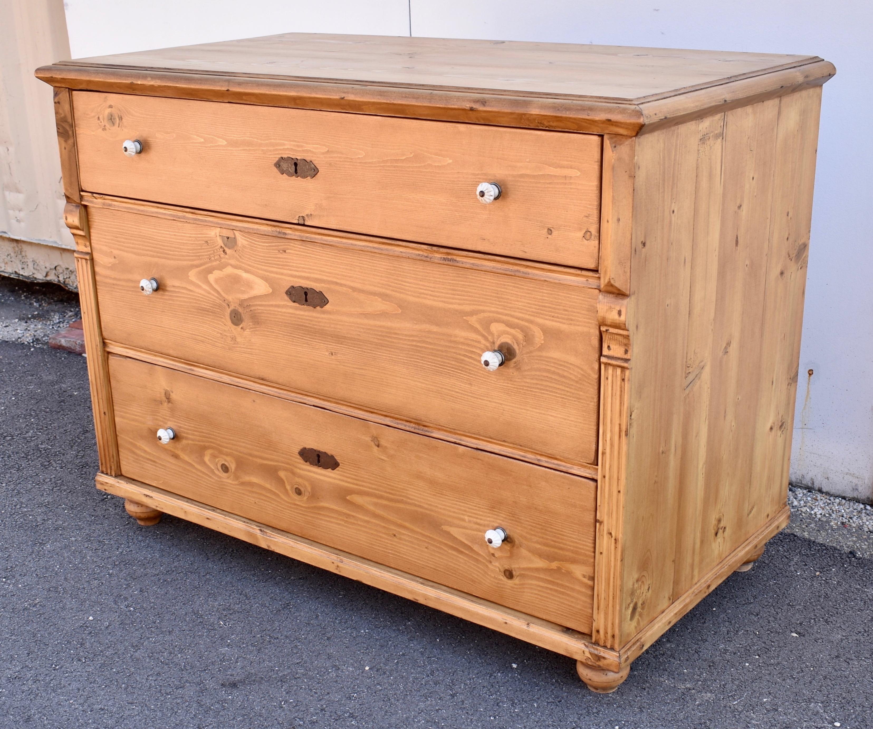 Polished Pine Chest of Three Drawers For Sale