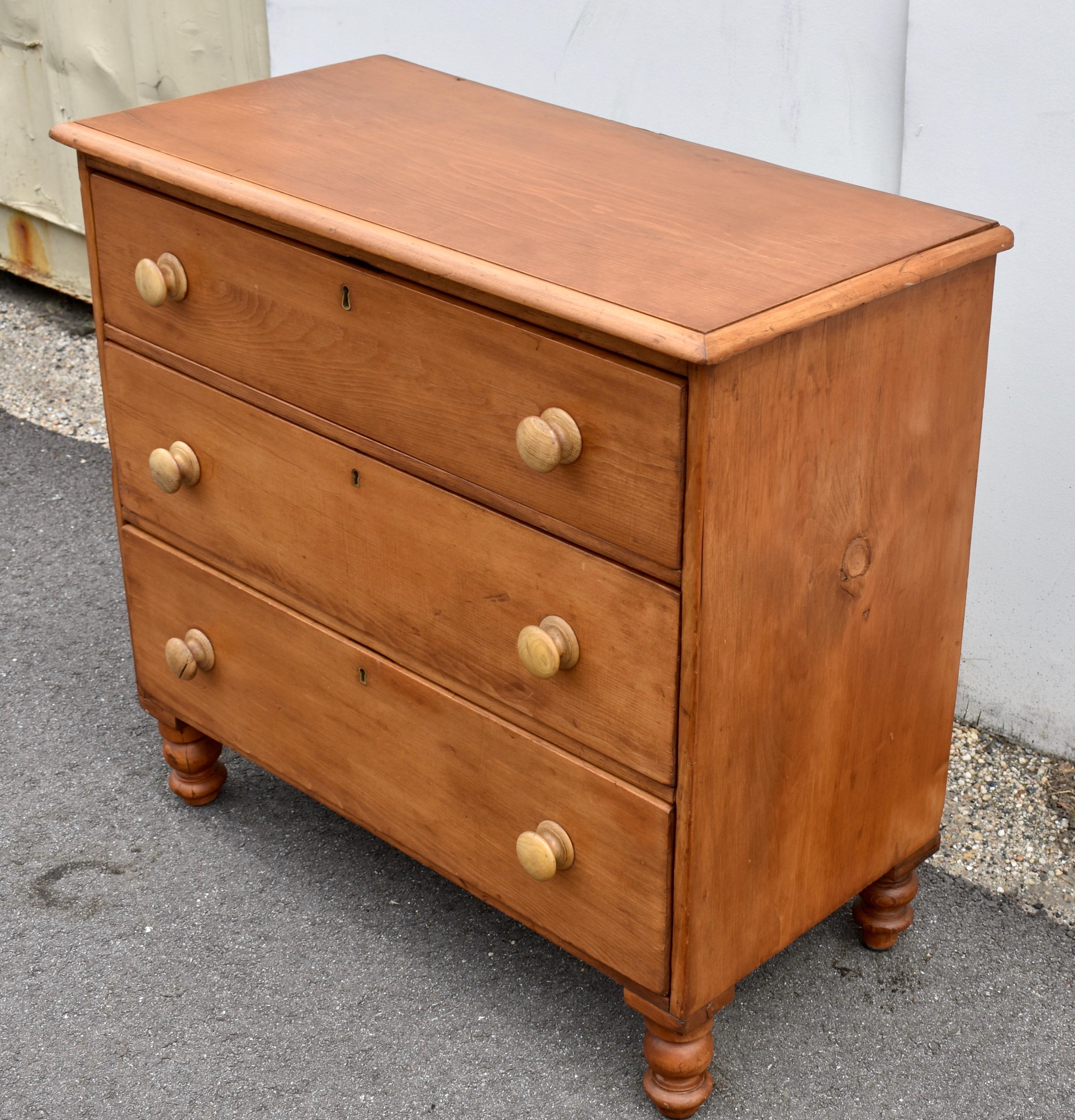 Polished Pine Chest of Three Drawers For Sale
