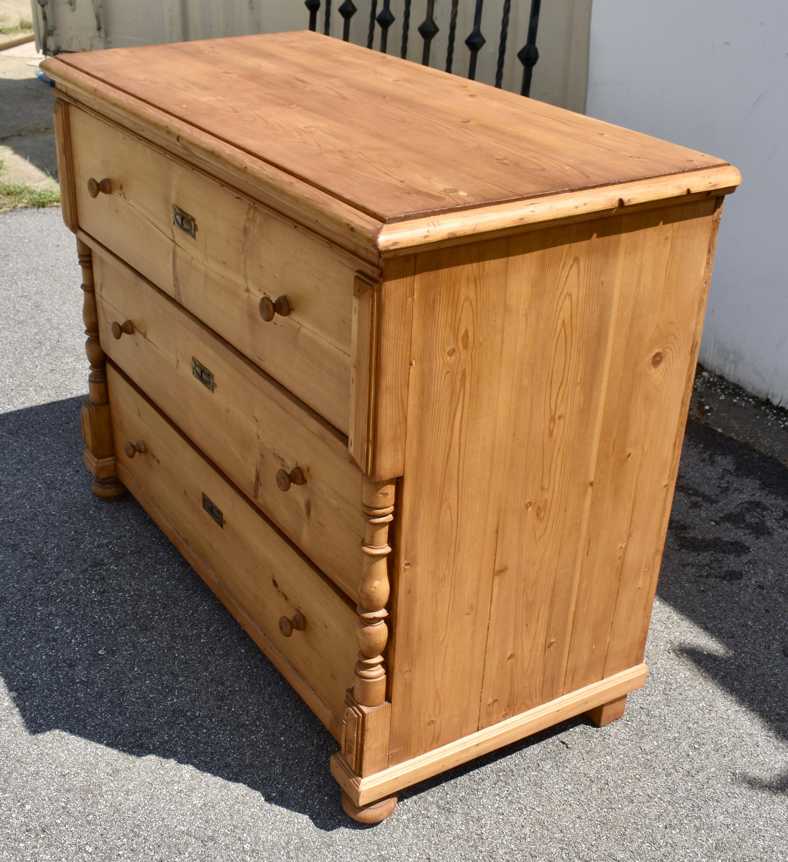 Polished Pine Chest of Three Drawers For Sale