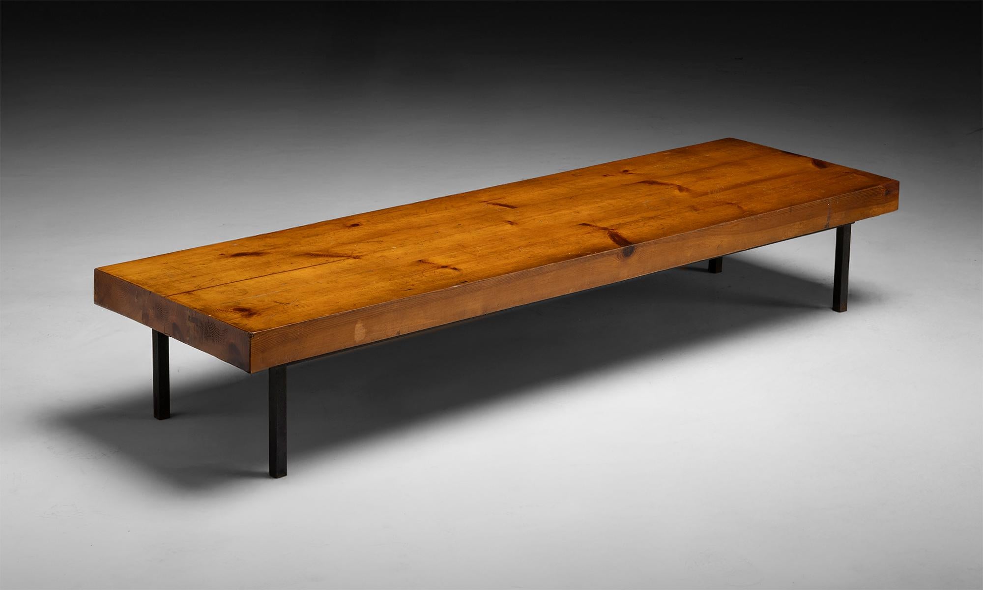 Pine Coffee Table
France, 1950
Low pine coffee table with metal legs, in the style of C.Perriand.
59”L x 17.5”d x 10”h
Ref. MOD1128
