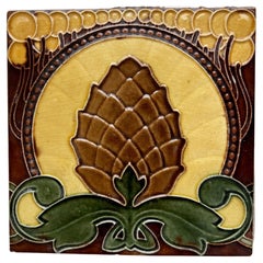 Pine Cone Art Nouveau Glazed Border Tiles by Le Glaive, 1920