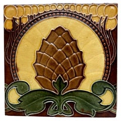 Pine Cone Art Nouveau Glazed Border Tiles by Le Glaive, circa 1920