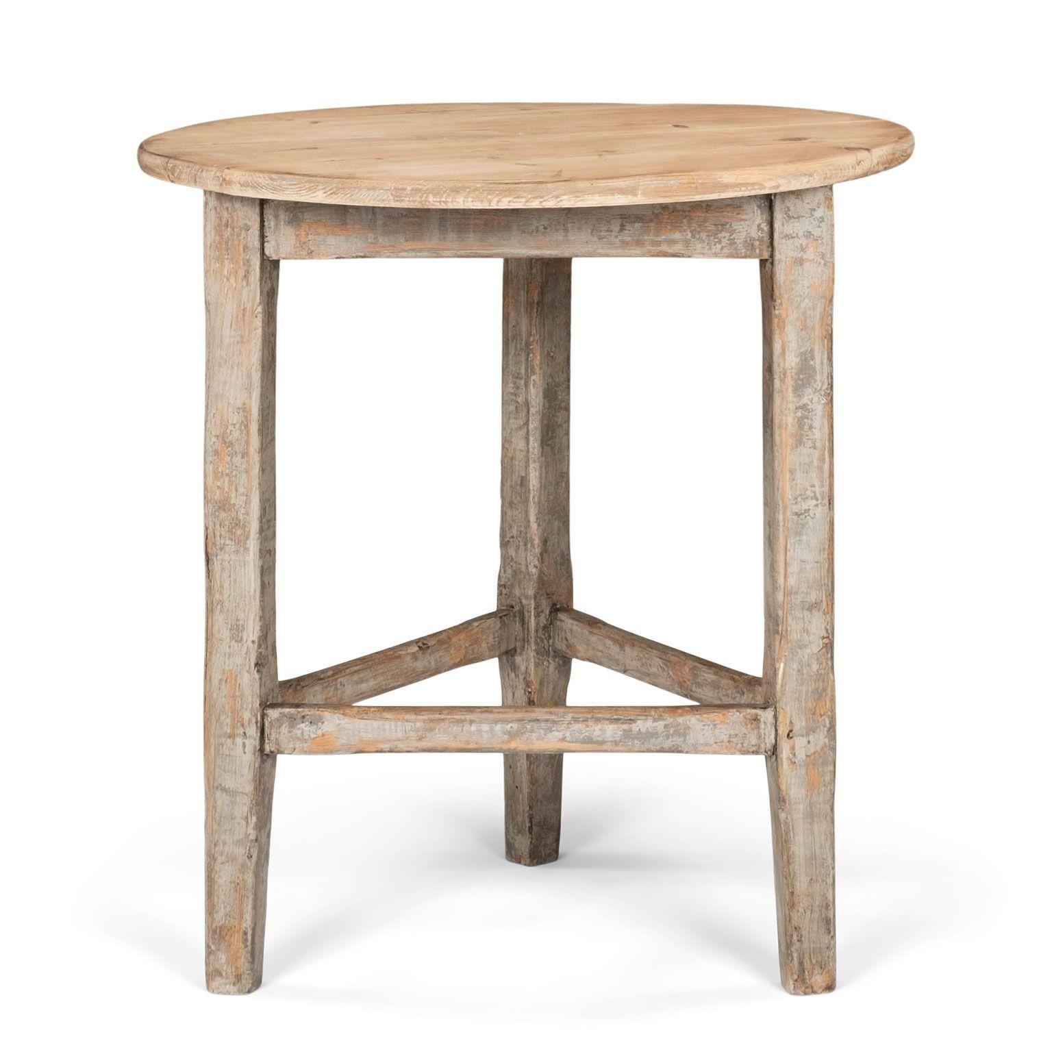 Hand-Carved Pine Cricket Table with Gray-Painted Base For Sale