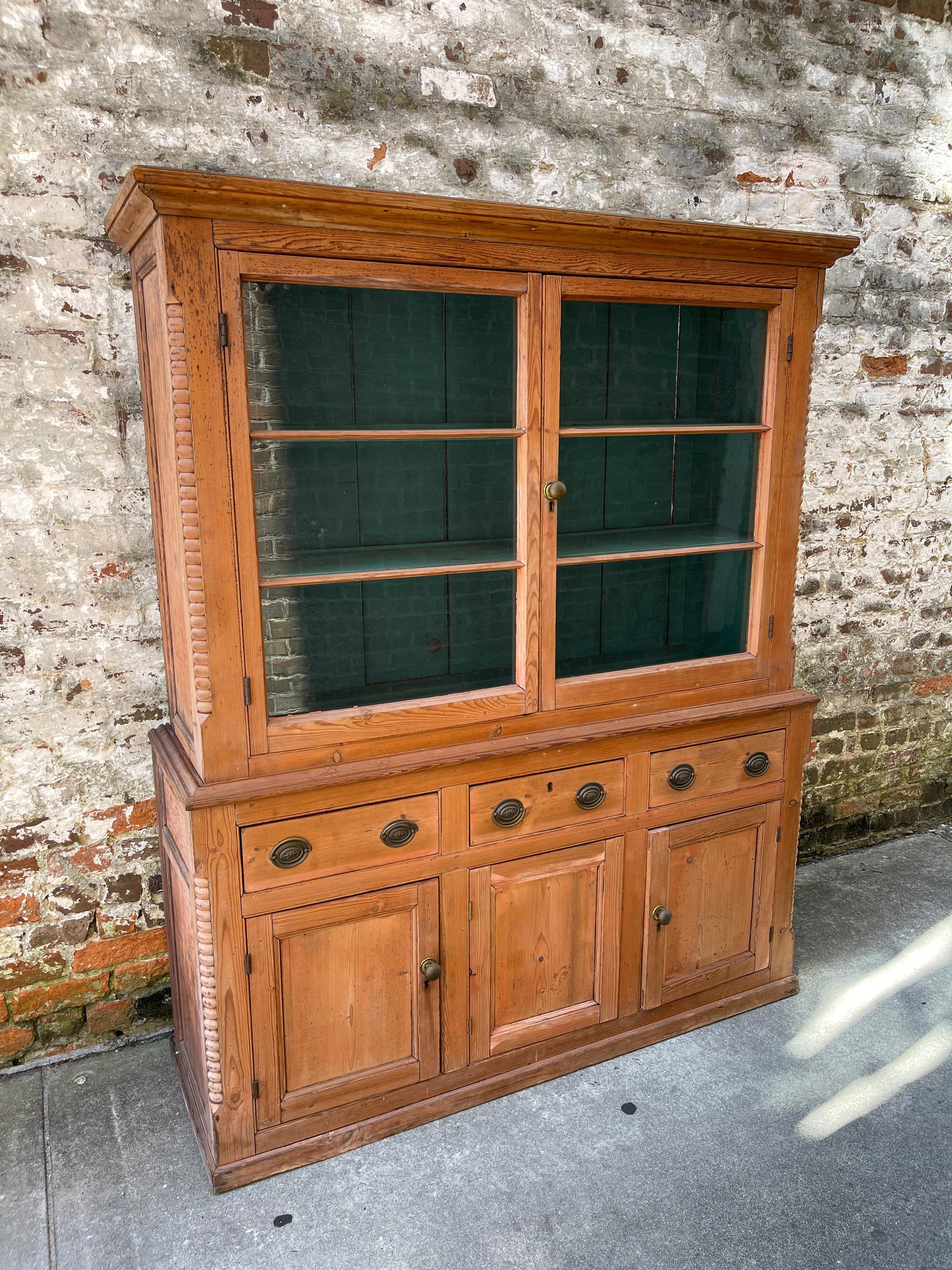 Pine cupboard with upper glass cabinet early 20th century. English 