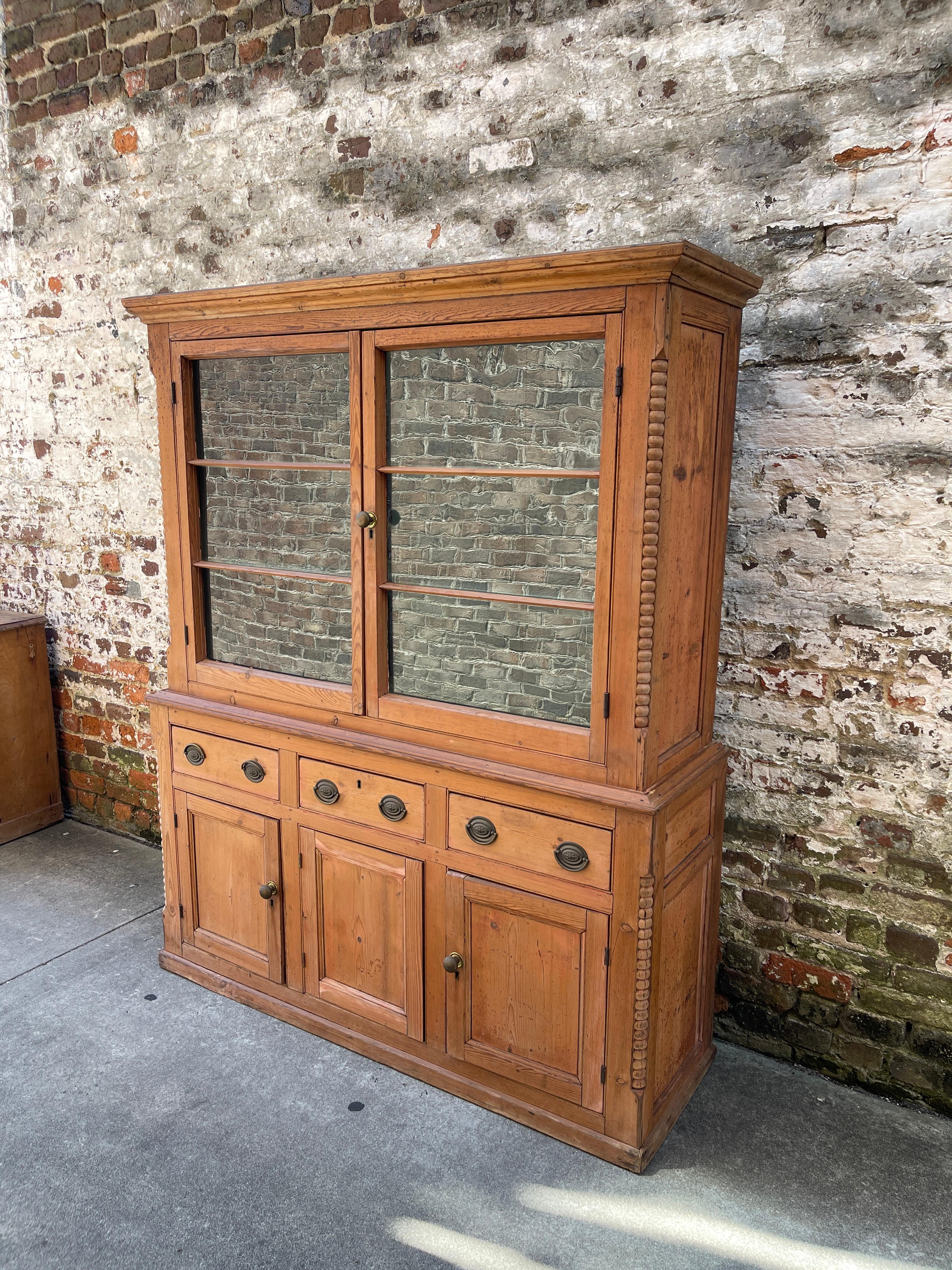 English Pine cupboard with glass upper cabinet early 20th century  For Sale