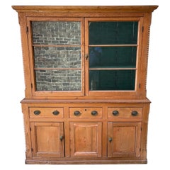 Pine cupboard with glass upper cabinet early 20th century