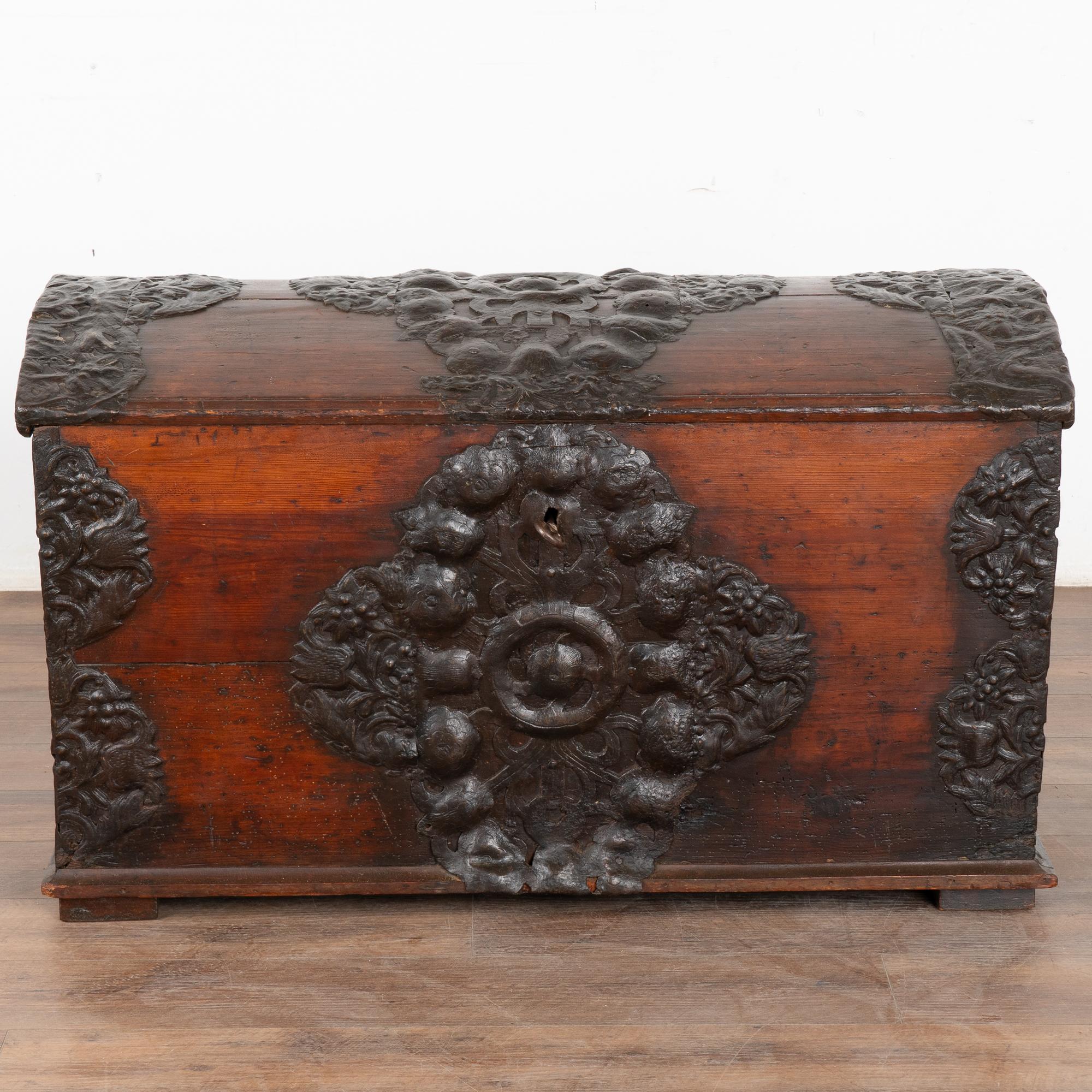 Coffre en pin à dôme avec détails en fer forgé à la main, Danemark vers 1760-1800 Bon état - En vente à Round Top, TX