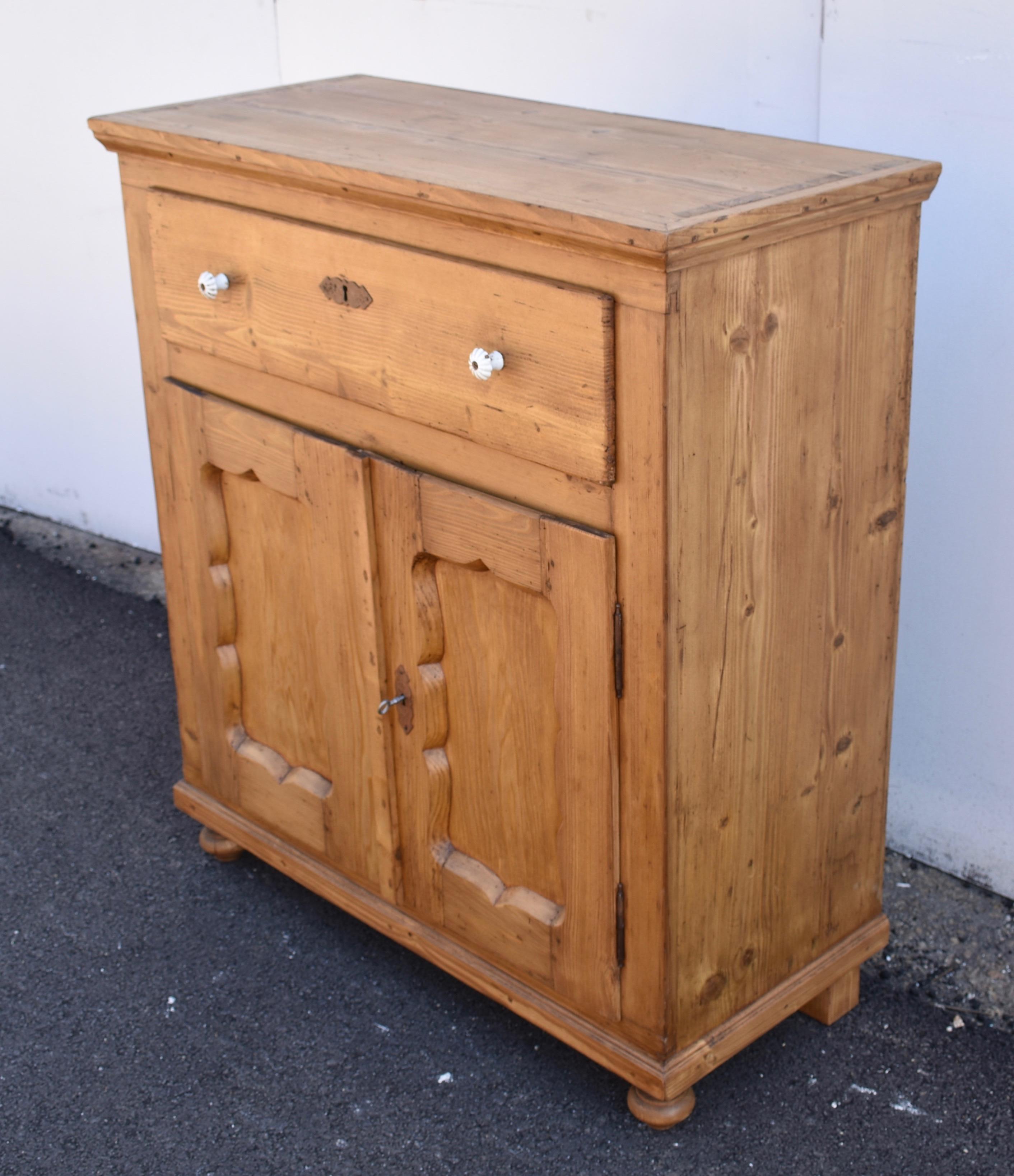 Polished Pine Dresser Base with Two Doors and One Drawer