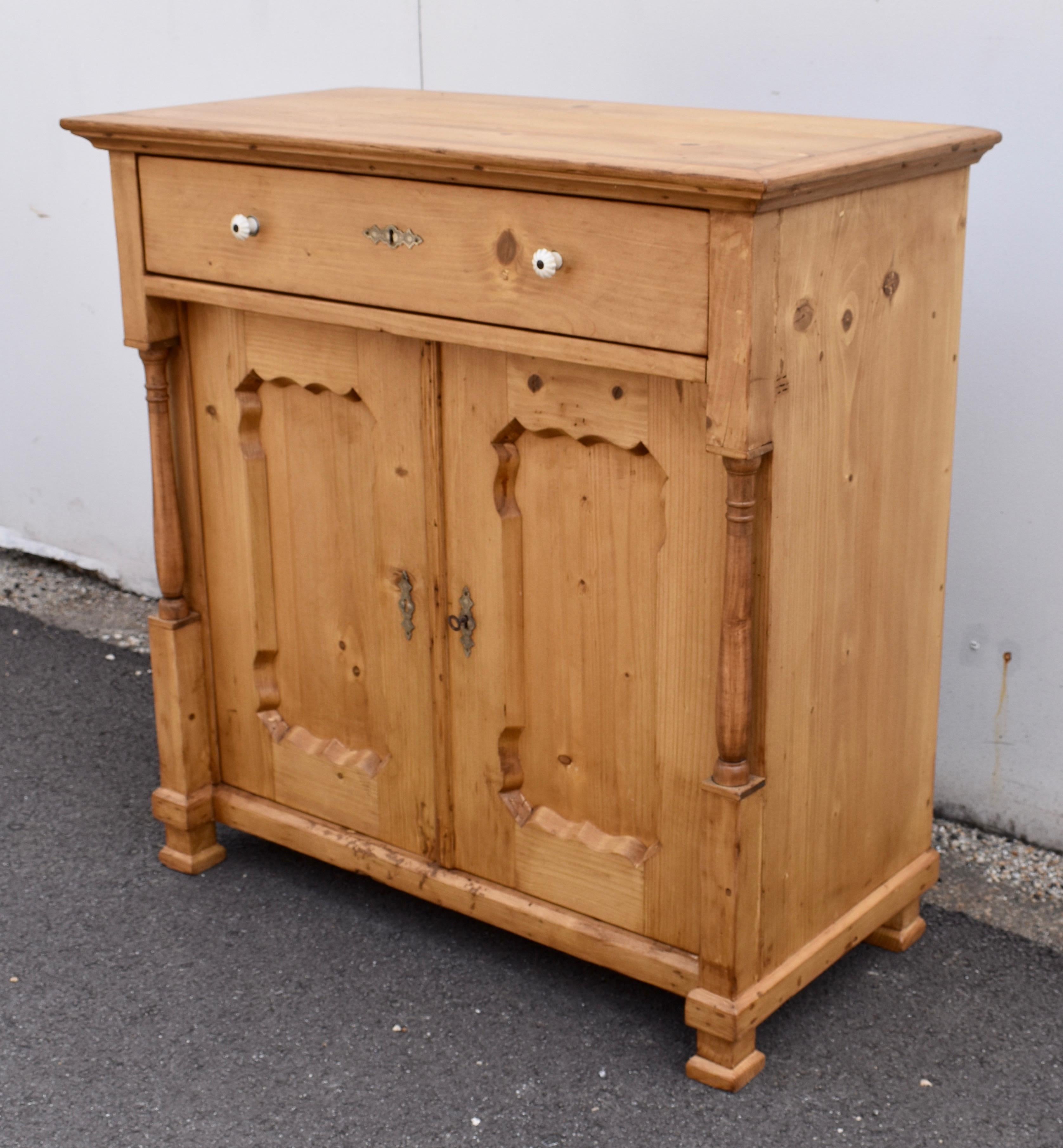 Polished Pine Dresser Base with Two Doors and One Drawer For Sale