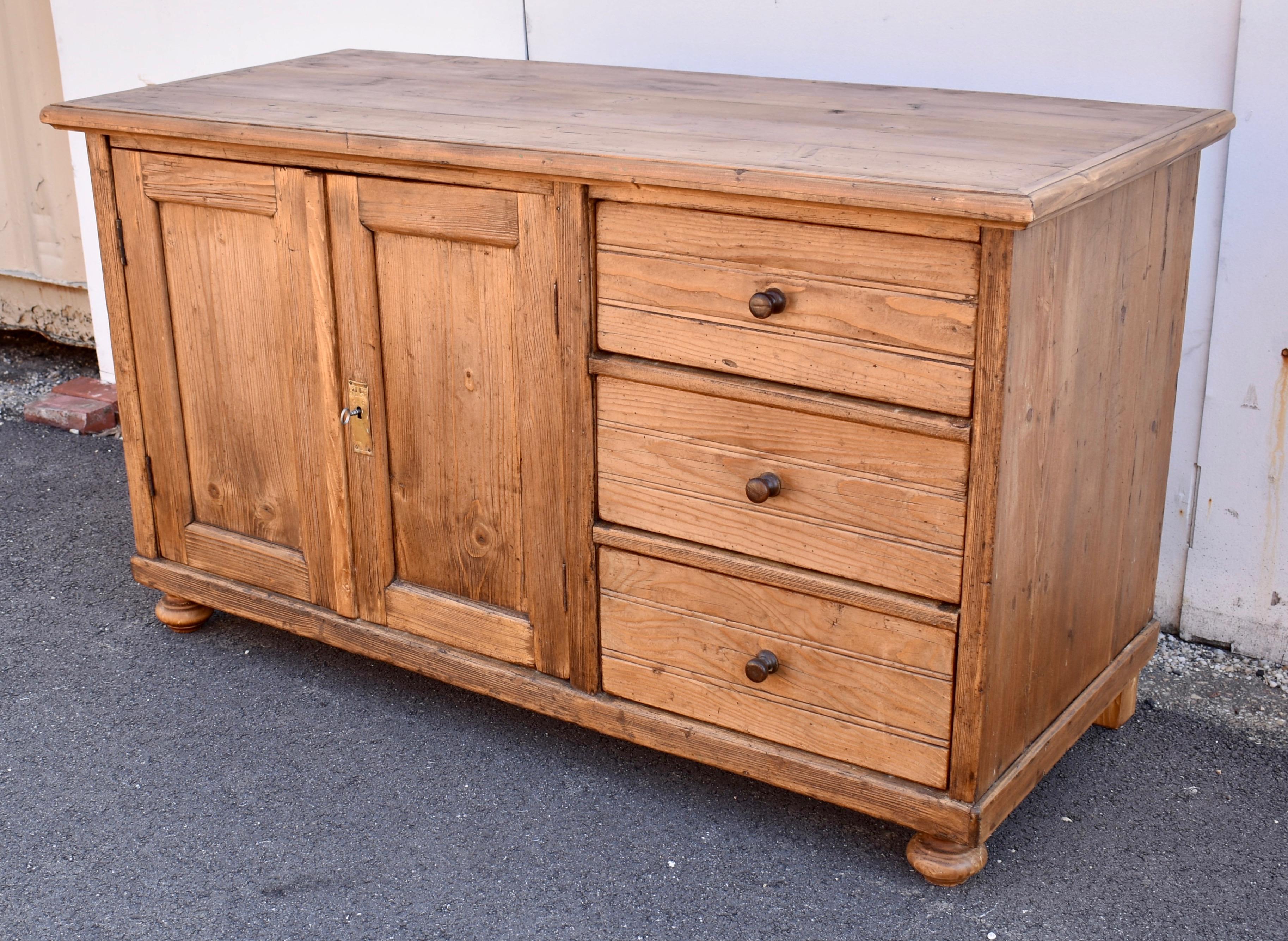 Polished Pine Dresser Base with Two Doors and Three Drawers For Sale