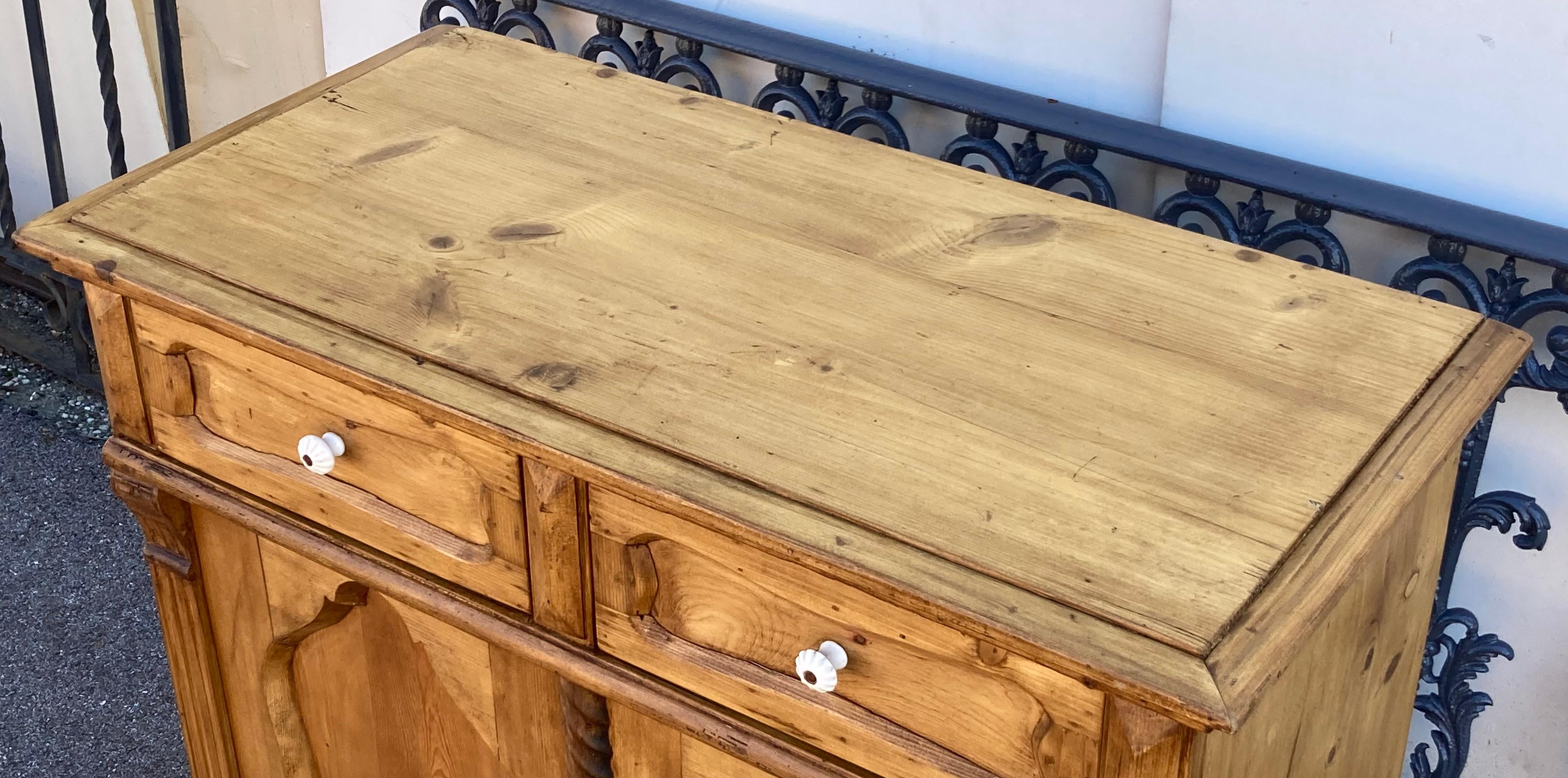 Polished Pine Dresser Base with Two Doors and Two Drawers For Sale