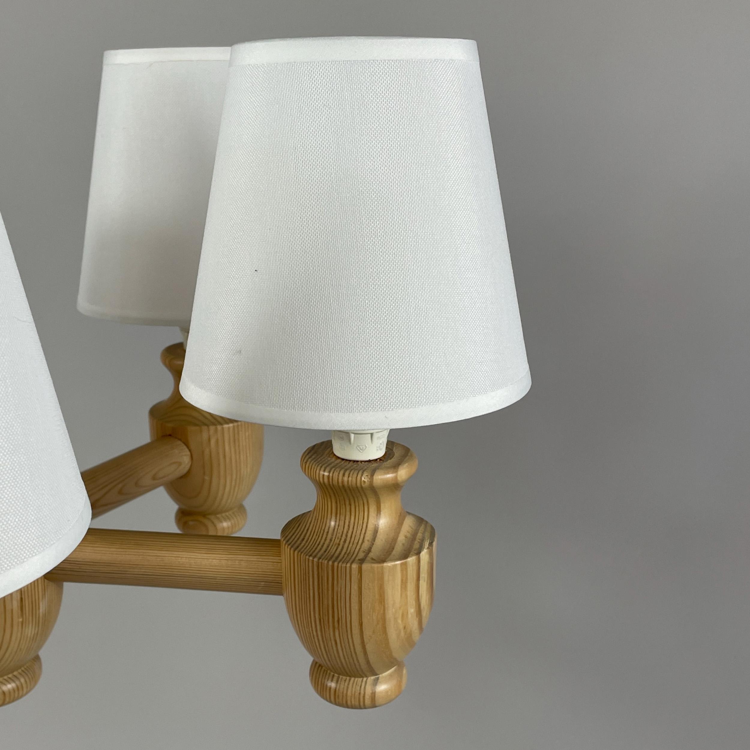 Lampadario a 5 luci in pino e tessuto, Svezia, anni '70 in vendita 6