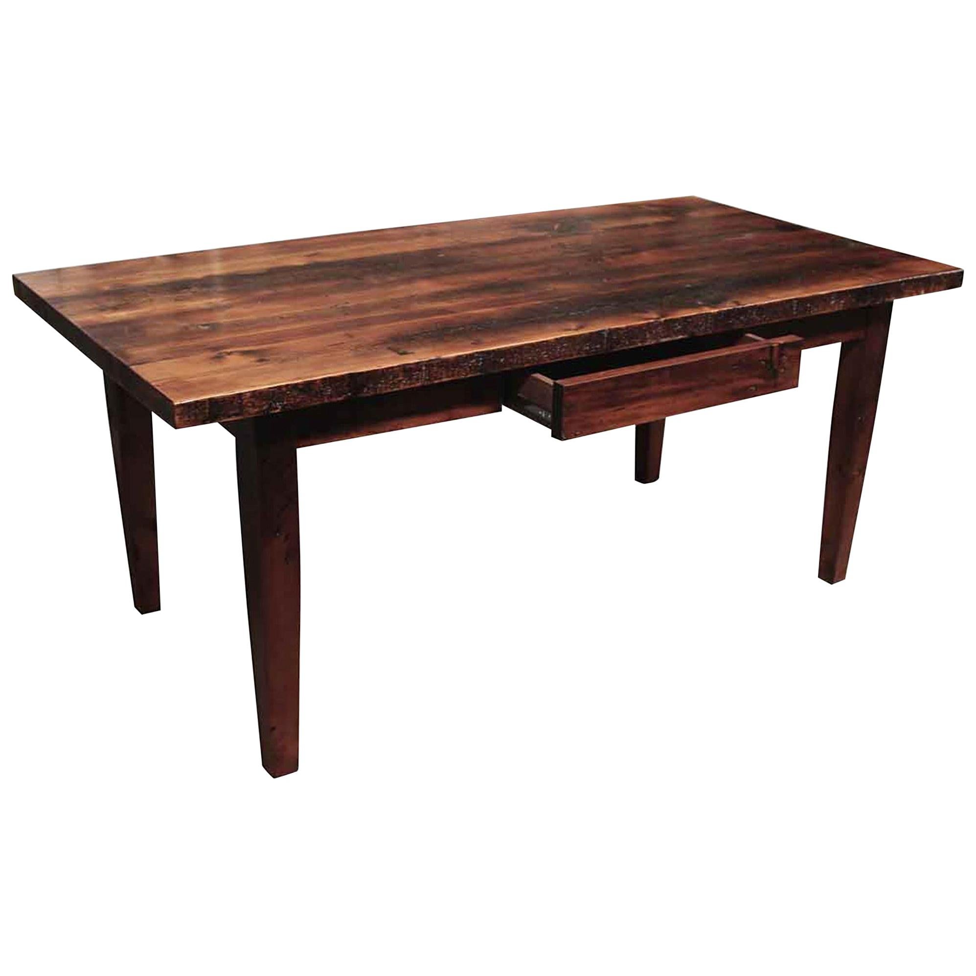 Pine Farm Table with One Drawer and Tapered Legs Done in a Provincial Stain