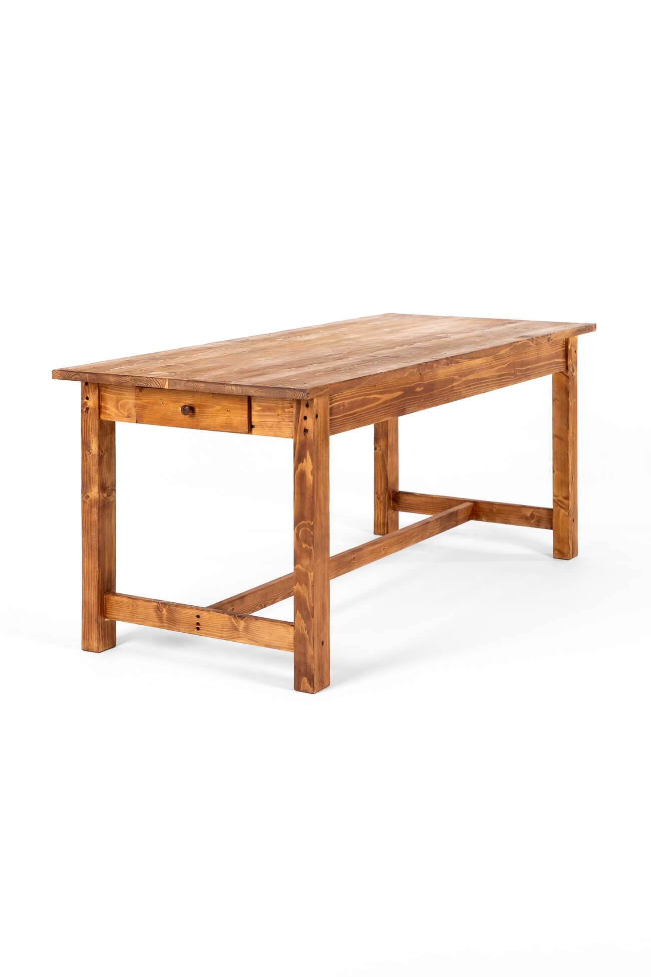 A lovely French farmhouse table with a rich honey colour finish to the table top and base.

The single plank top is raised on four block legs united with an H-shaped stretcher, accompanied by a single drawer to one end.

This wonderful table would