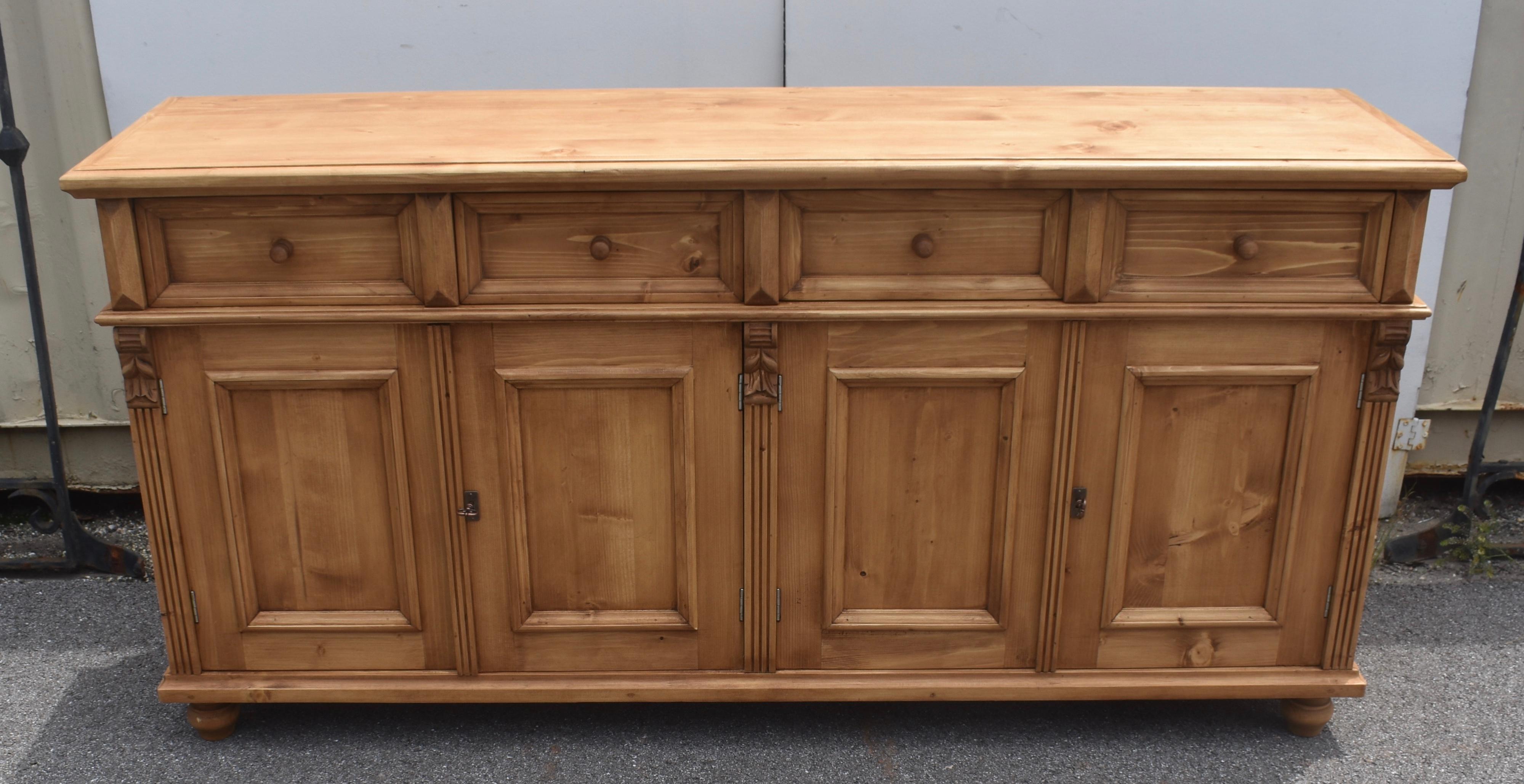 Antique pine sideboards can be hard to find so our workshop in Europe takes good quality European yellow pine to build this piece using traditional design features and construction techniques.  In this case the sideboard base is hand-polished with