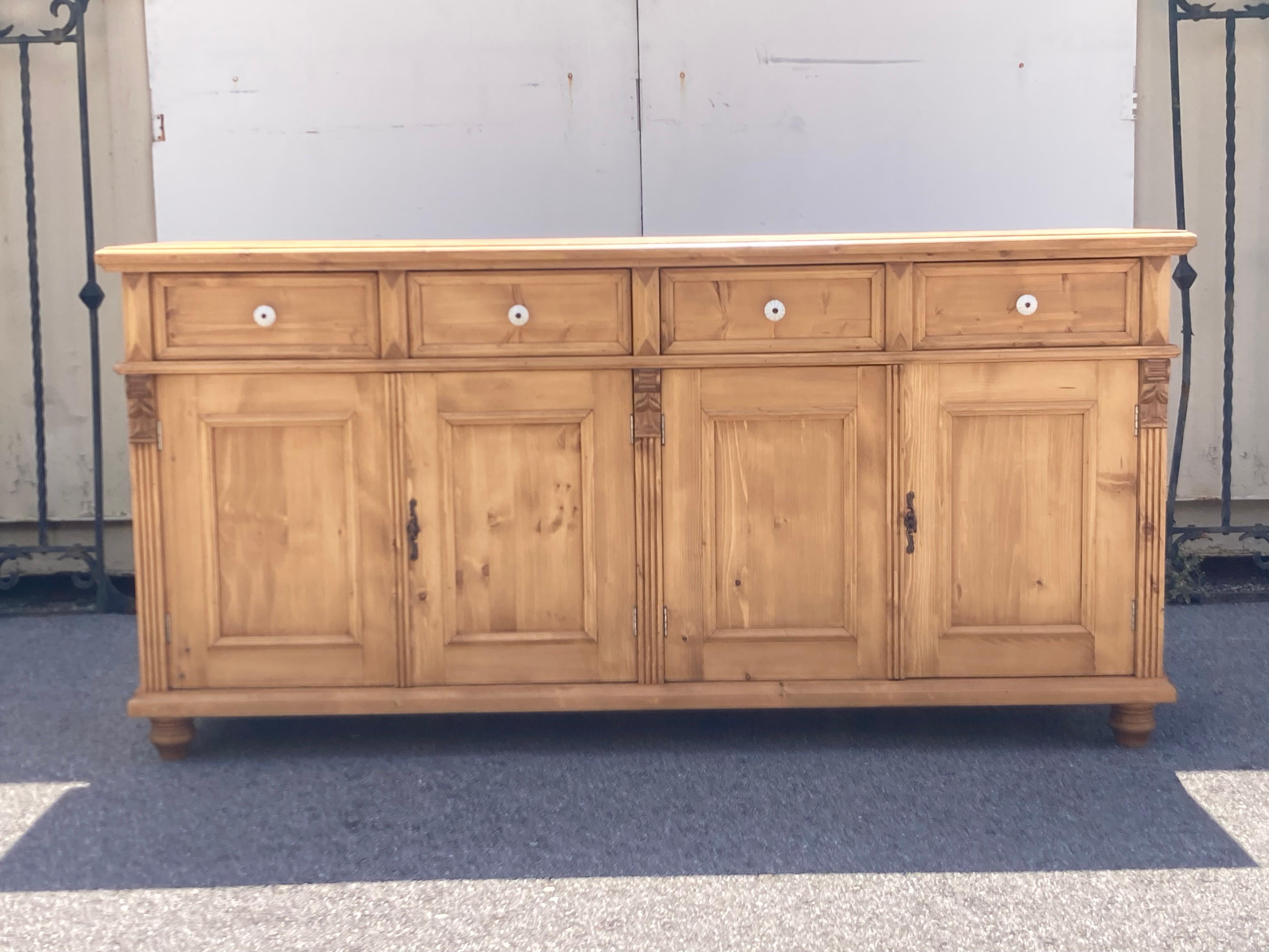  Antique pine sideboards can be hard to find so our workshop in Europe takes good quality European yellow pine to build this piece using traditional design features and construction techniques.  In this case the sideboard base is hand-polished with