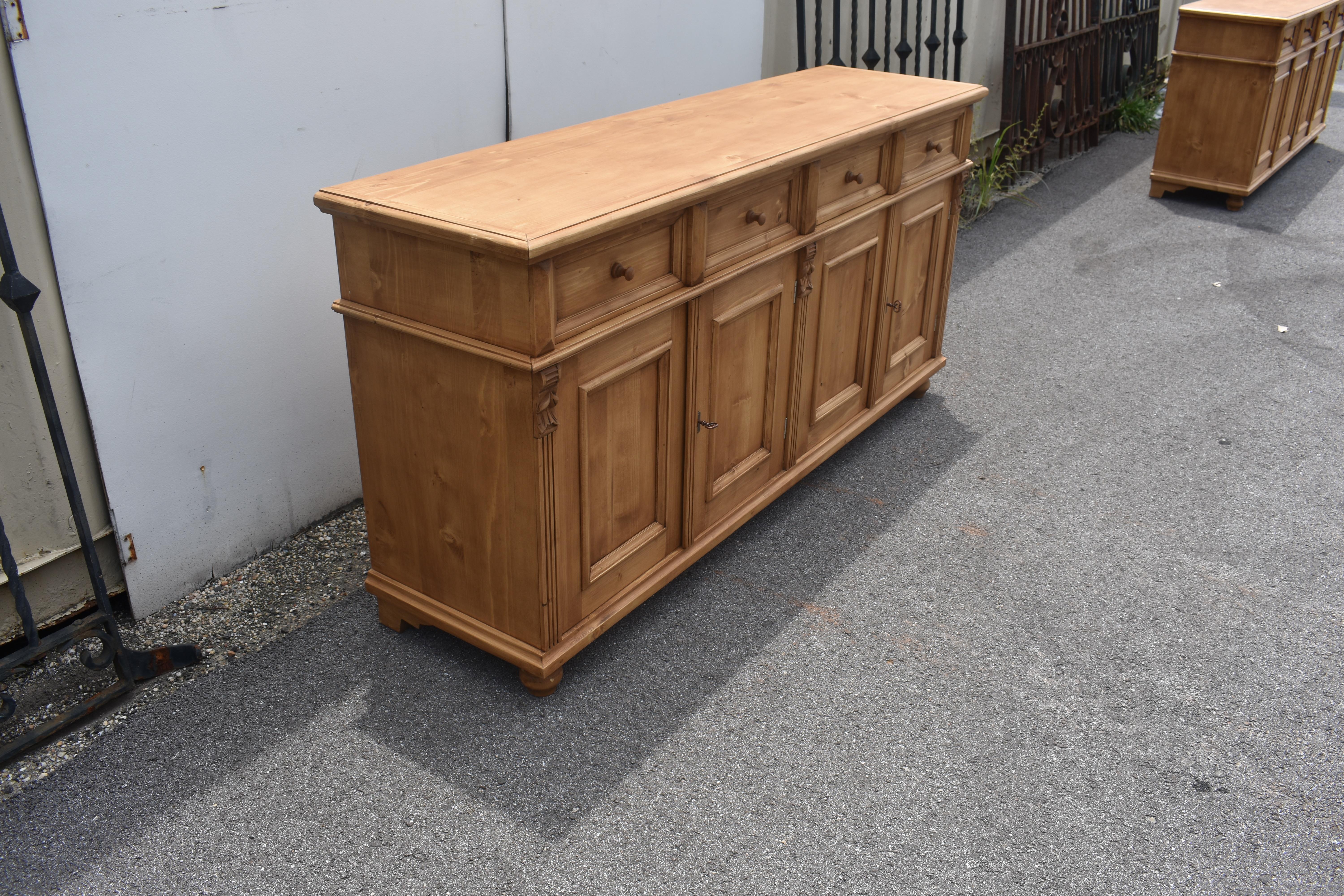 Country Pine Four Door Four Drawer Sideboard, Reproduction For Sale