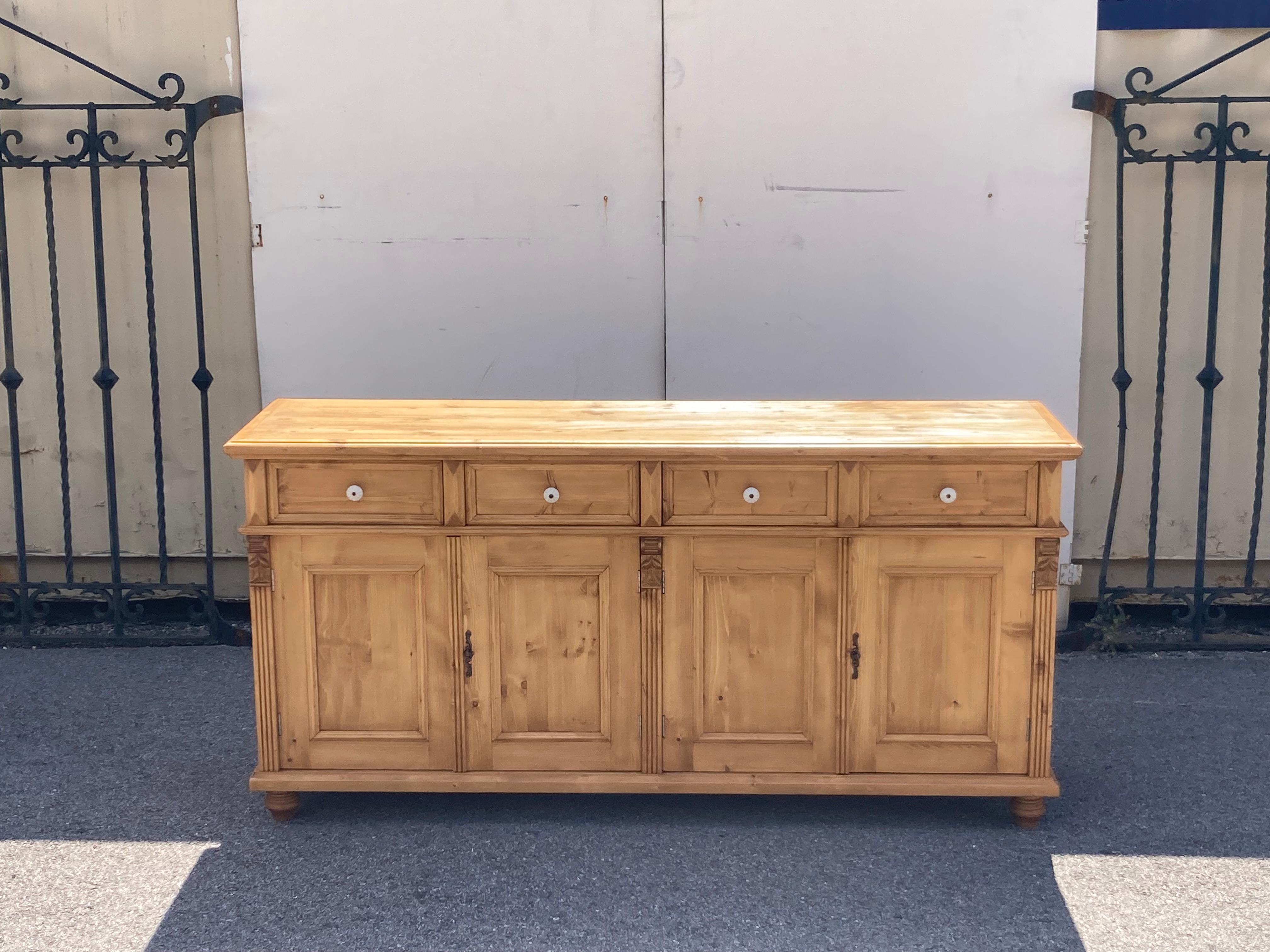 Country Pine Four Door Four Drawer Sideboard, Reproduction For Sale