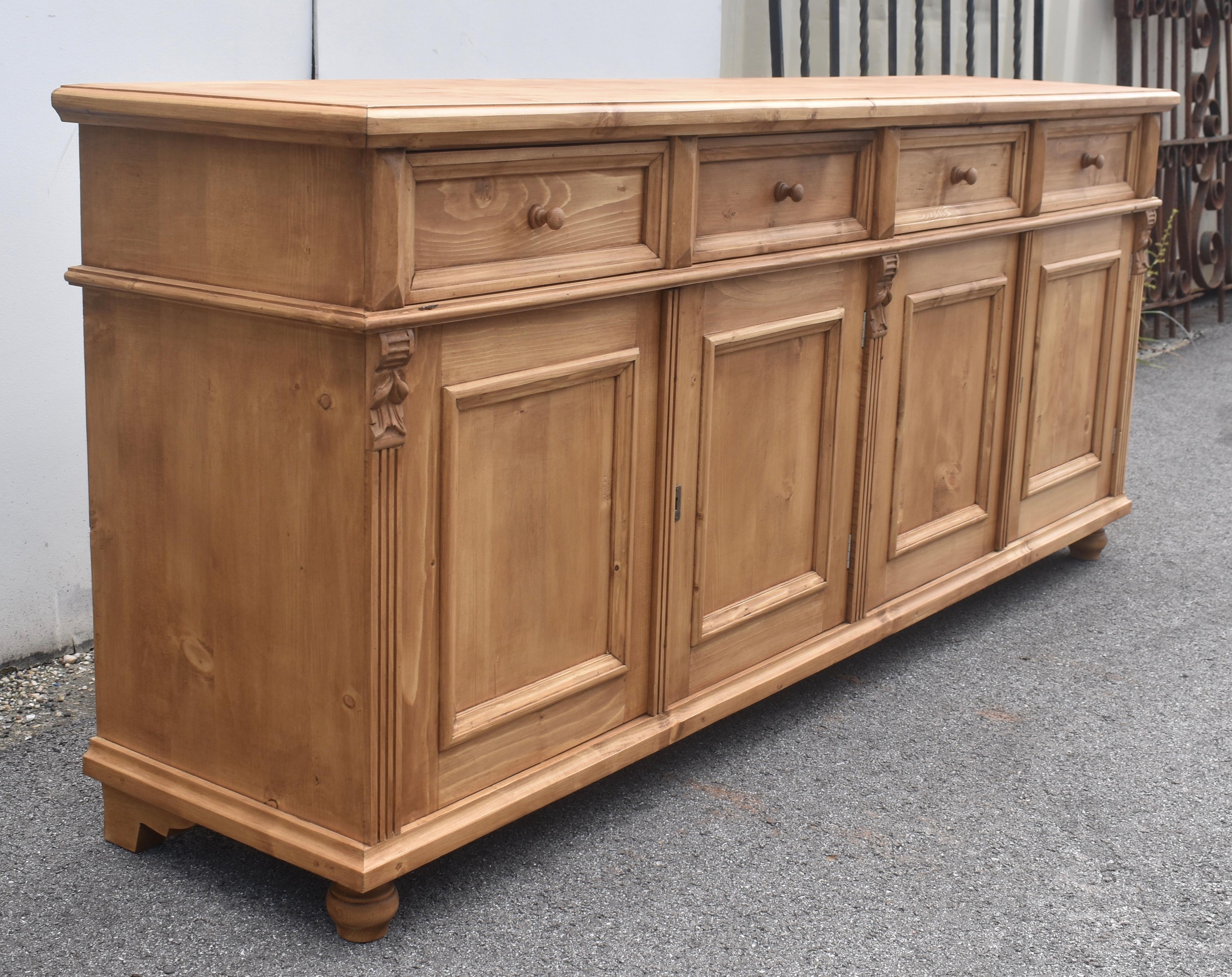 Country Pine Four Door Four Drawer Sideboard, Reproduction For Sale