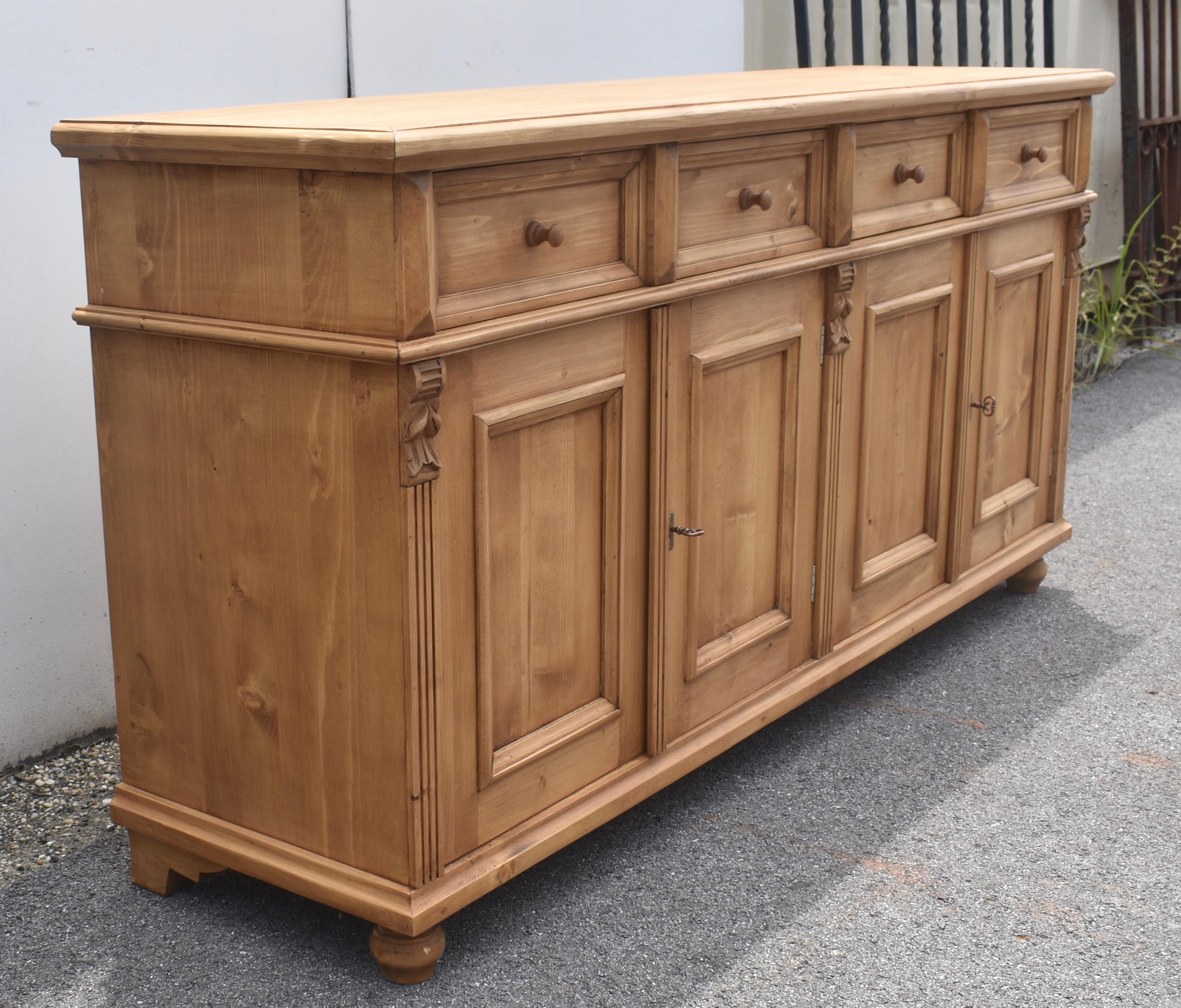 Hungarian Pine Four Door Four Drawer Sideboard, Reproduction For Sale