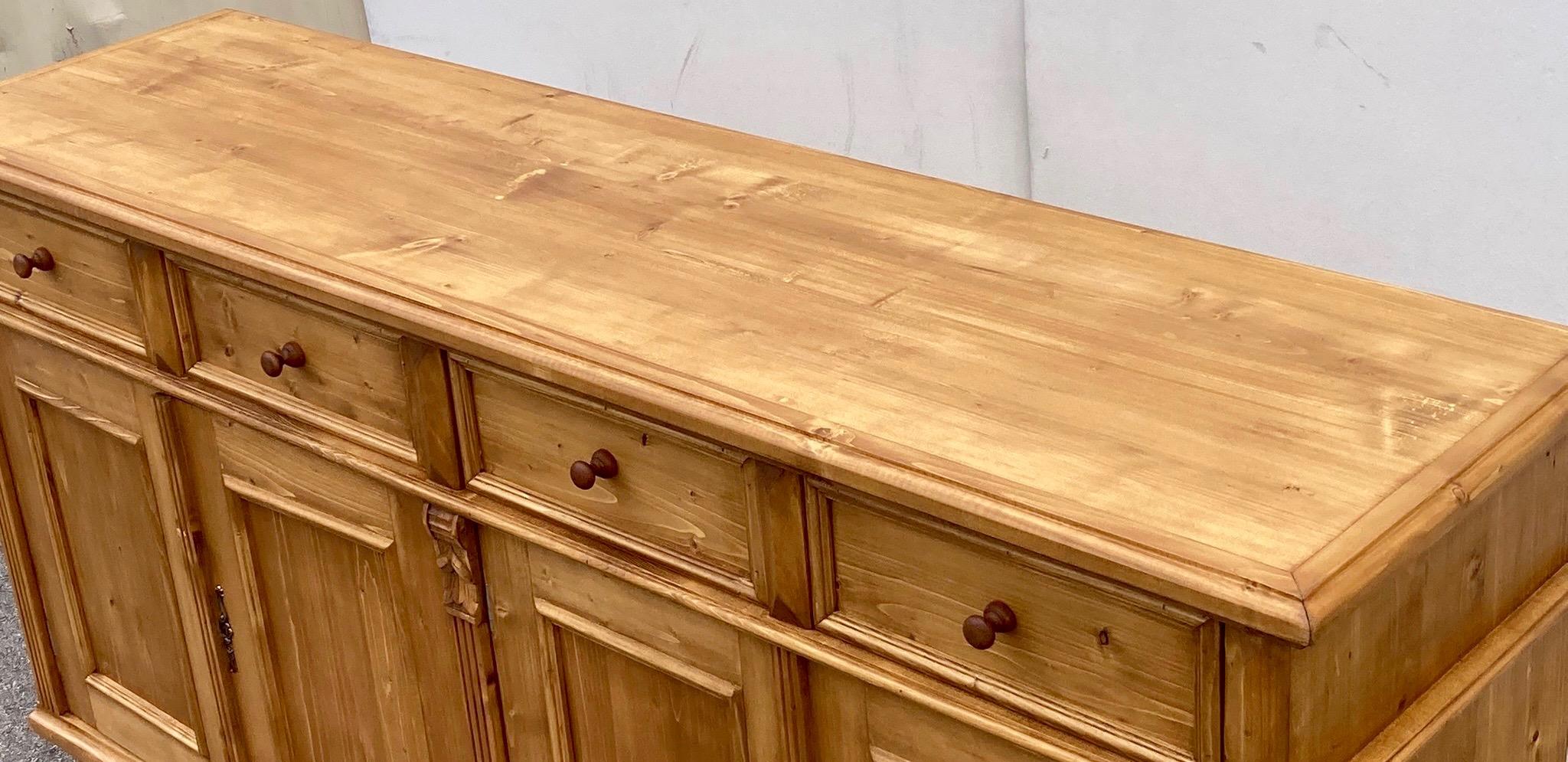 Polished Pine Four Door Four Drawer Sideboard, Reproduction For Sale