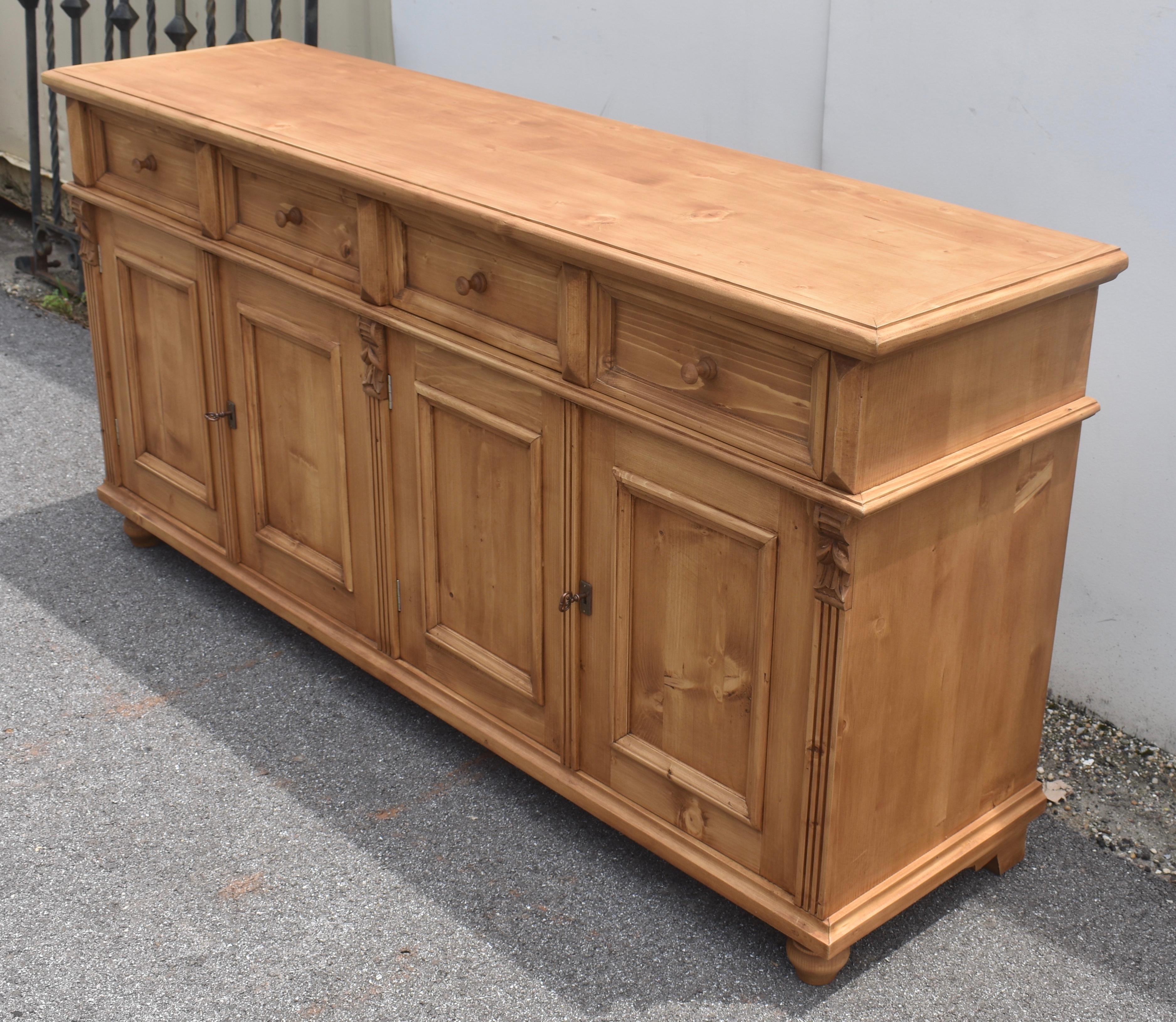 Polished Pine Four Door Four Drawer Sideboard, Reproduction For Sale