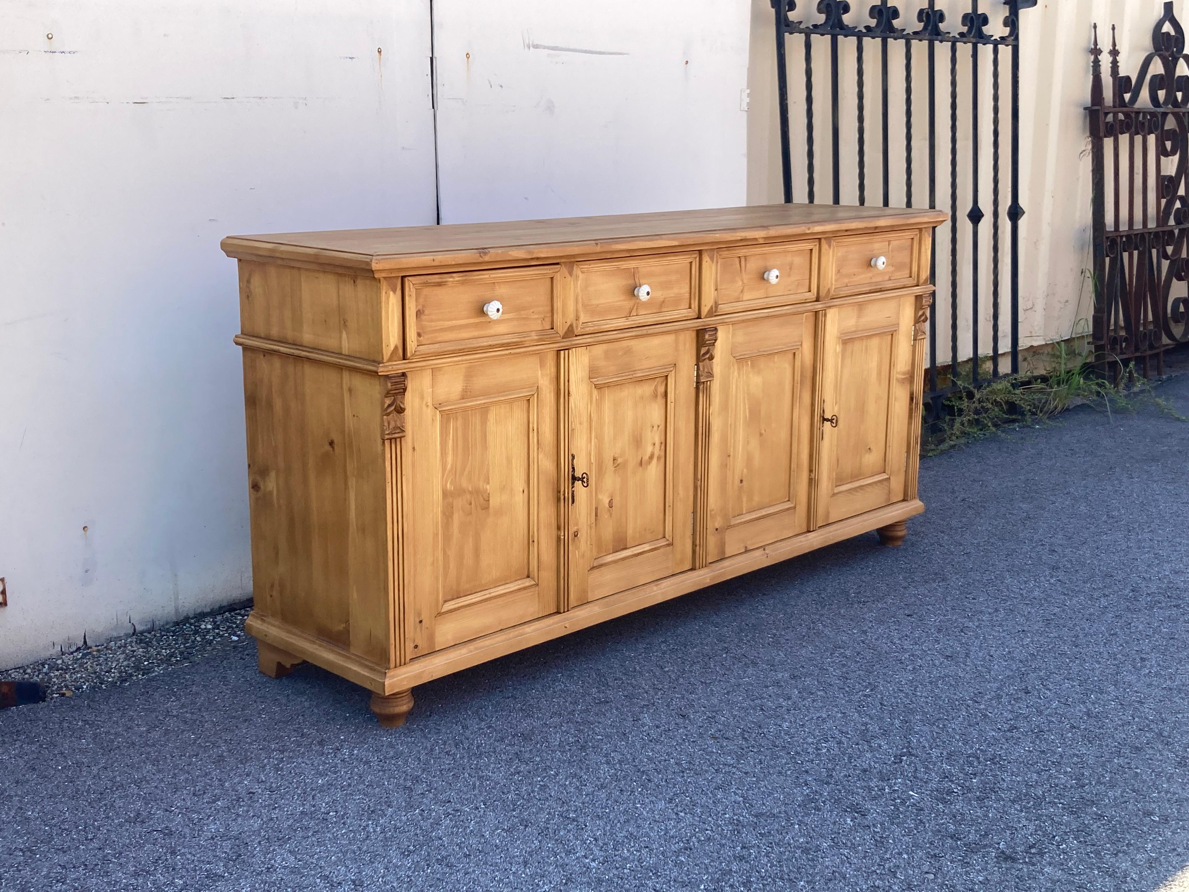 Polished Pine Four Door Four Drawer Sideboard, Reproduction For Sale