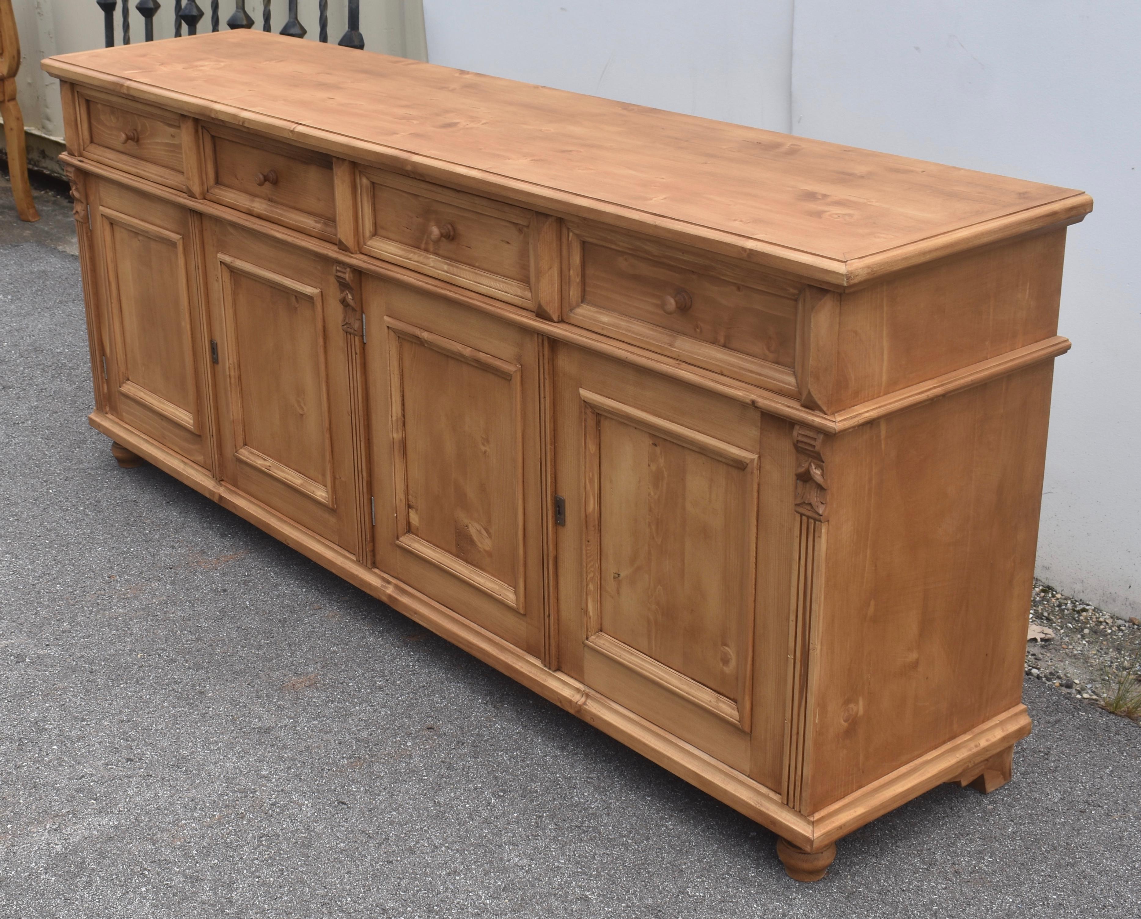 Polished Pine Four Door Four Drawer Sideboard, Reproduction For Sale