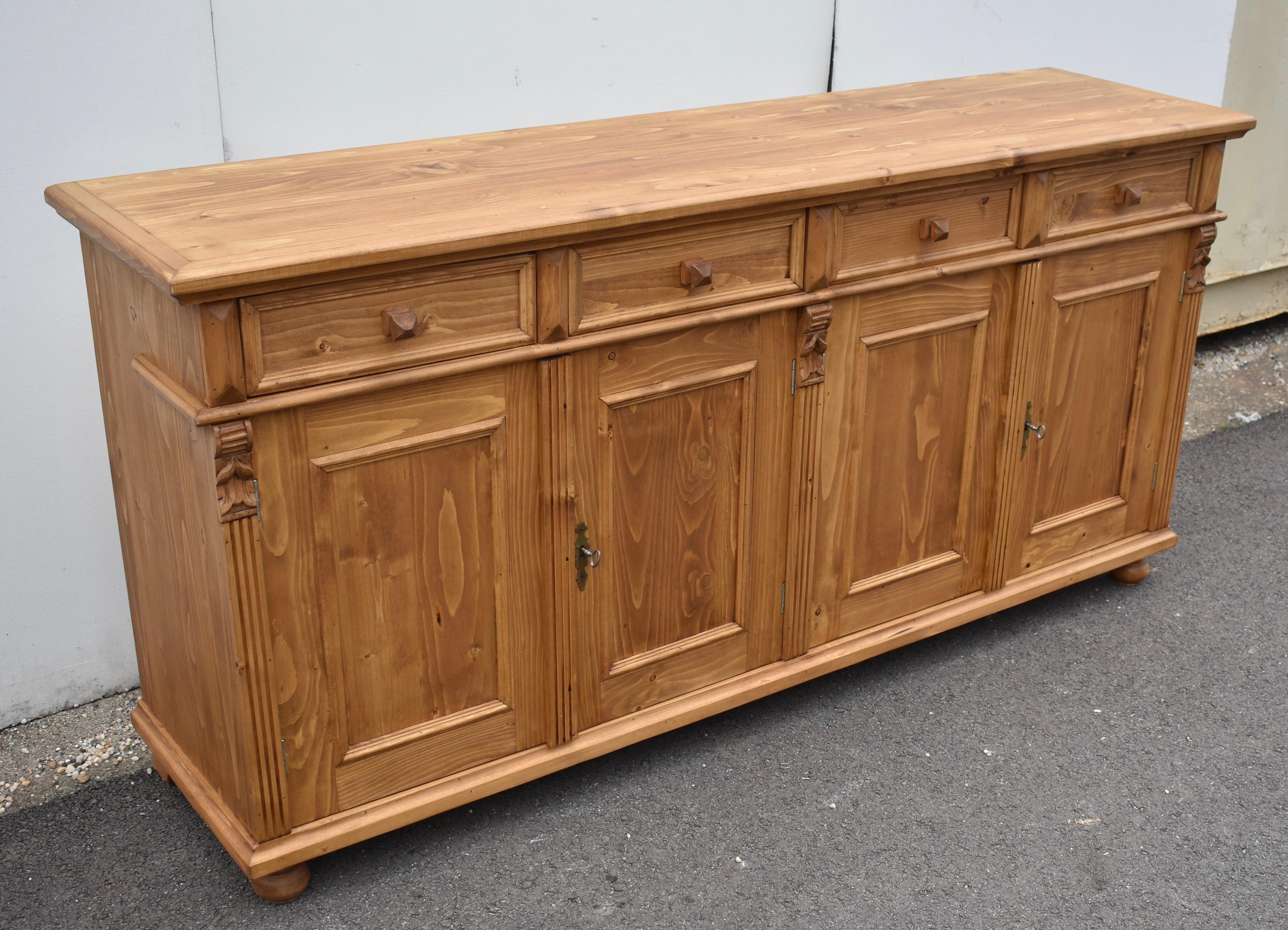 Country Pine Four Door Sideboard, Reproduction.