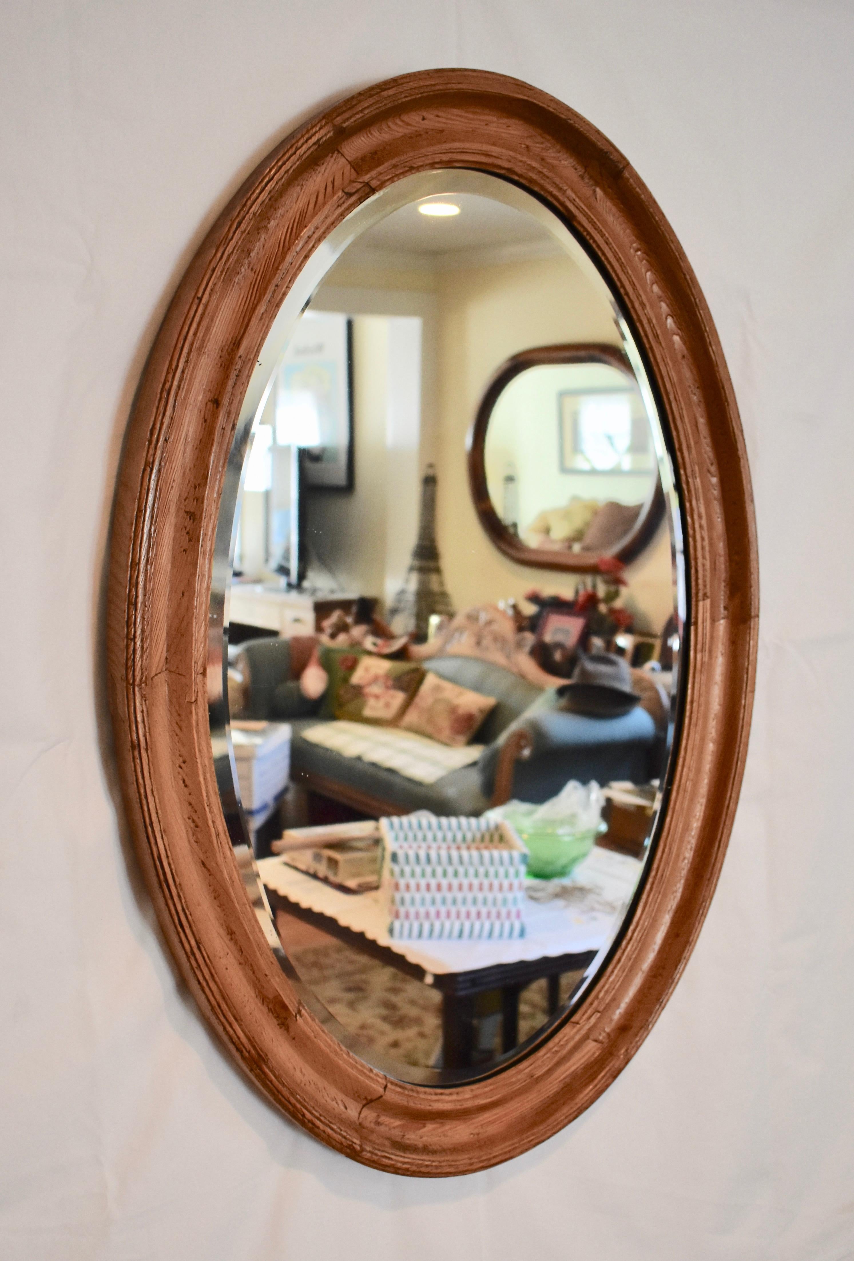 English Pine-Framed Oval Beveled Wall Mirror