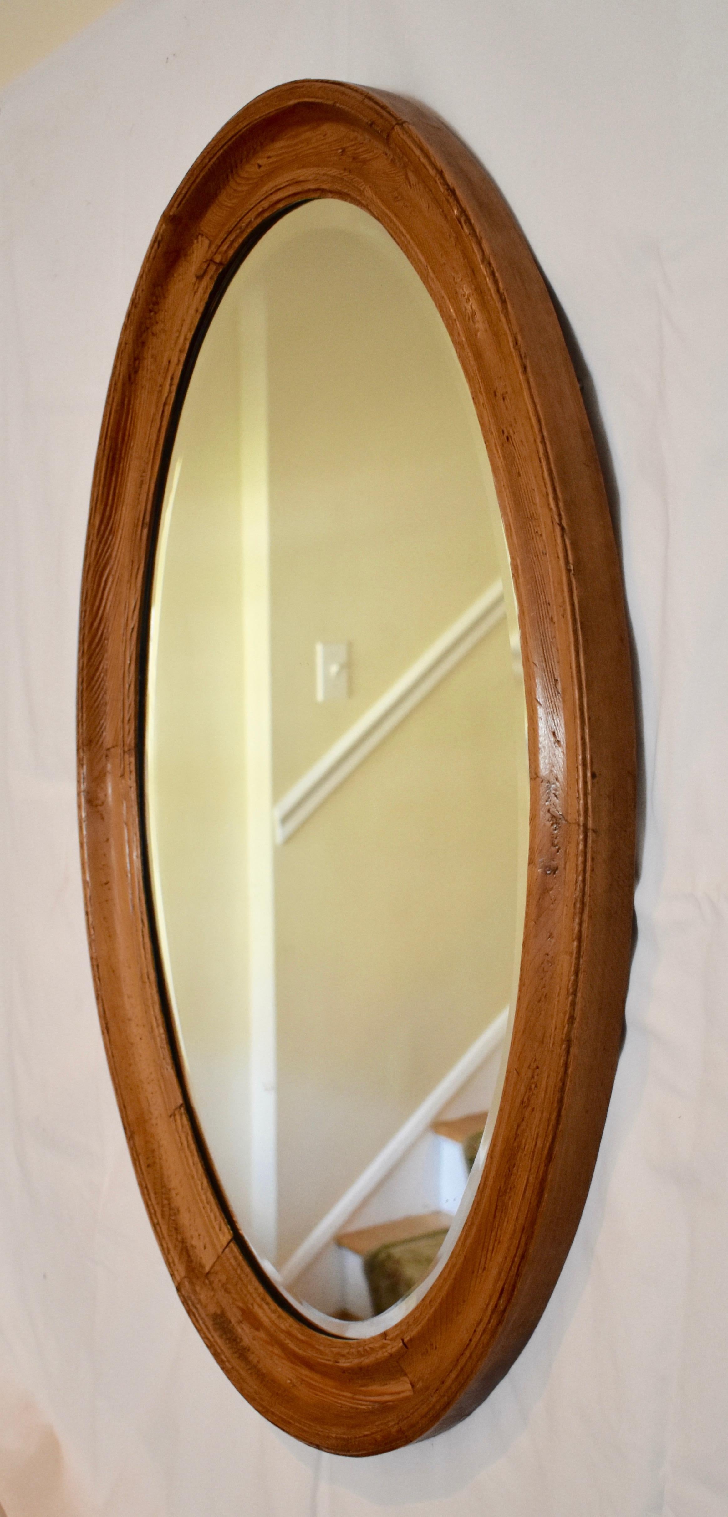 Pine-Framed Oval Beveled Wall Mirror In Good Condition In Baltimore, MD