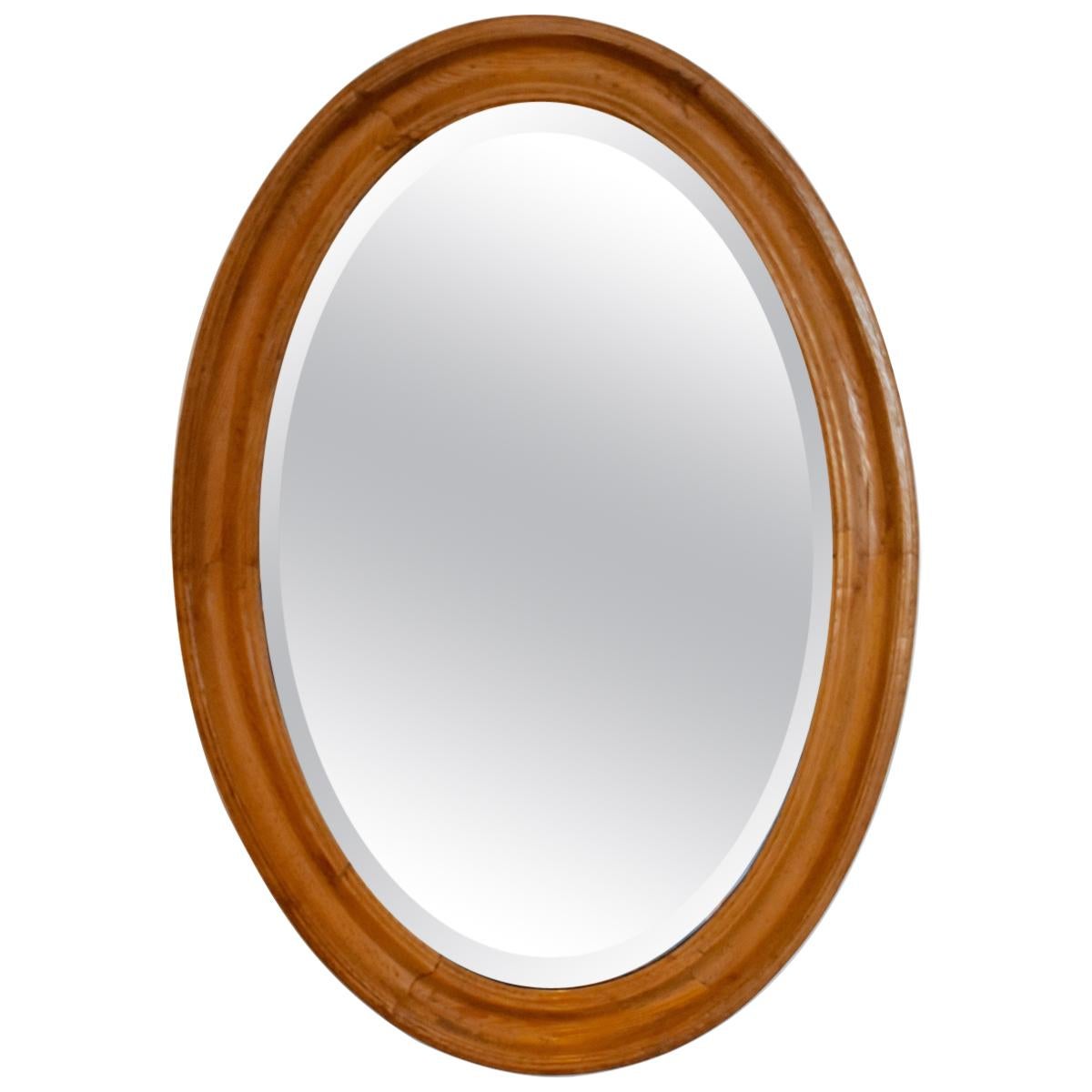 Pine-Framed Oval Beveled Wall Mirror
