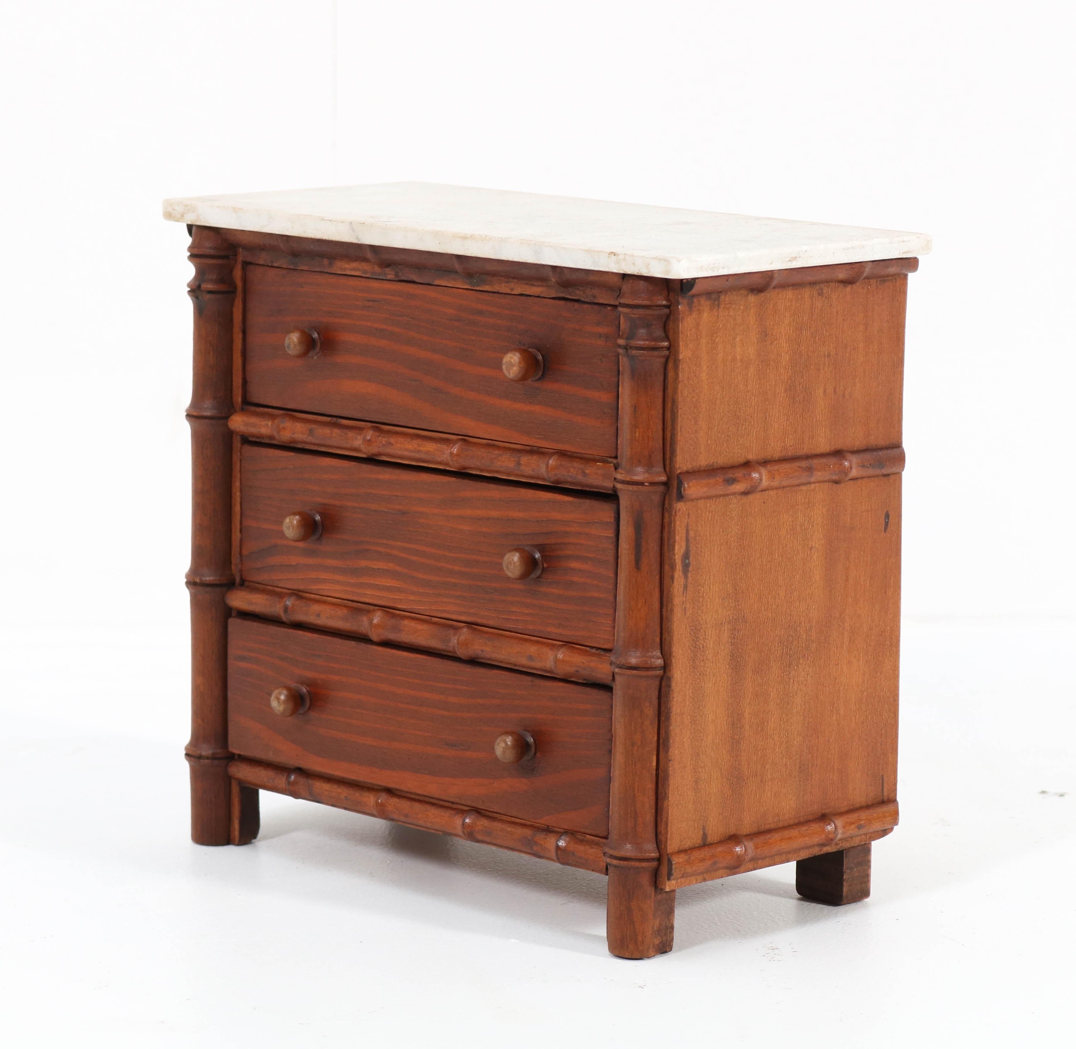 French Provincial Pine French Faux Bamboo Miniature Chest of Drawers with Marble Top, 1920s For Sale