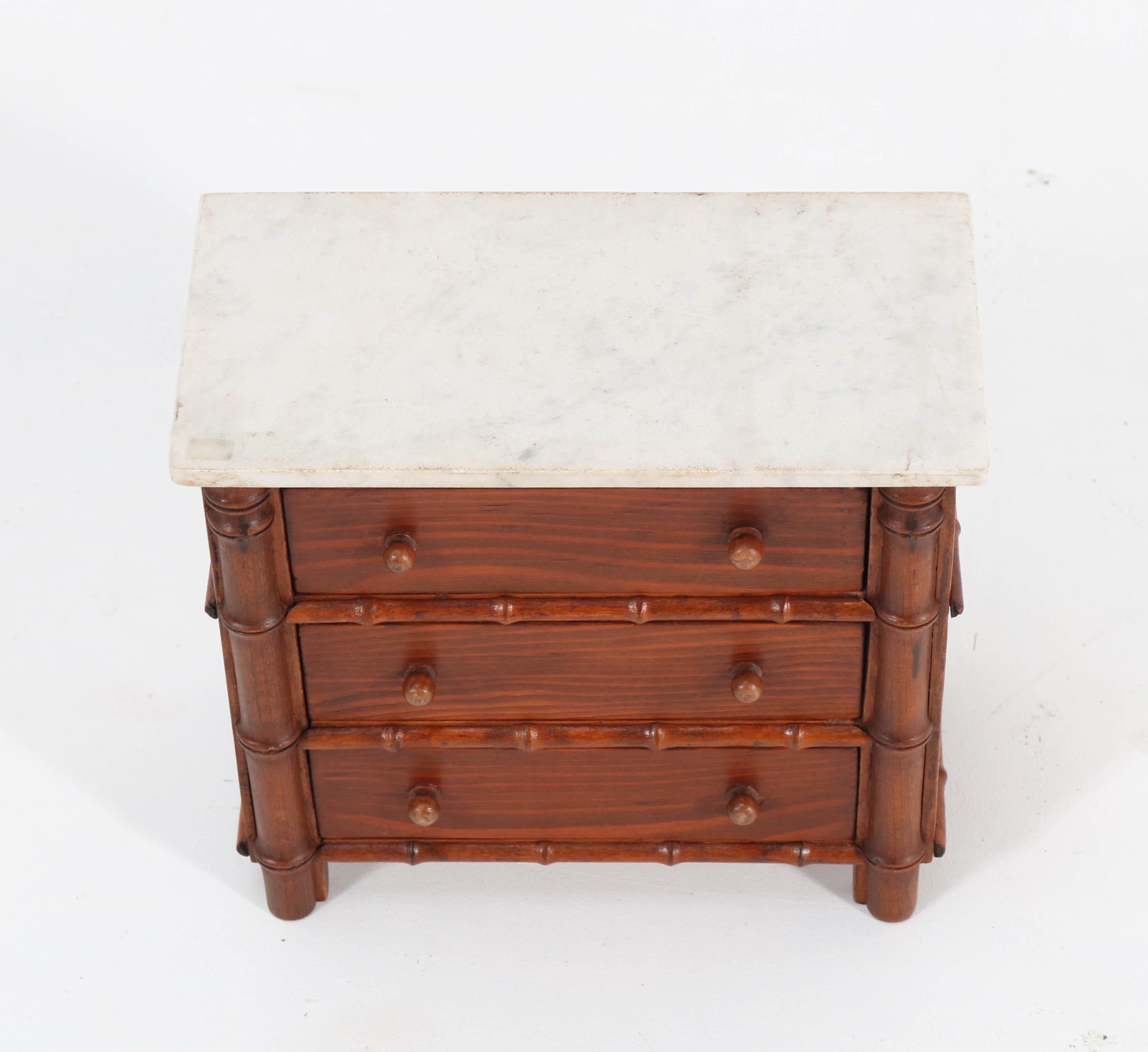 Pine French Faux Bamboo Miniature Chest of Drawers with Marble Top, 1920s For Sale 1