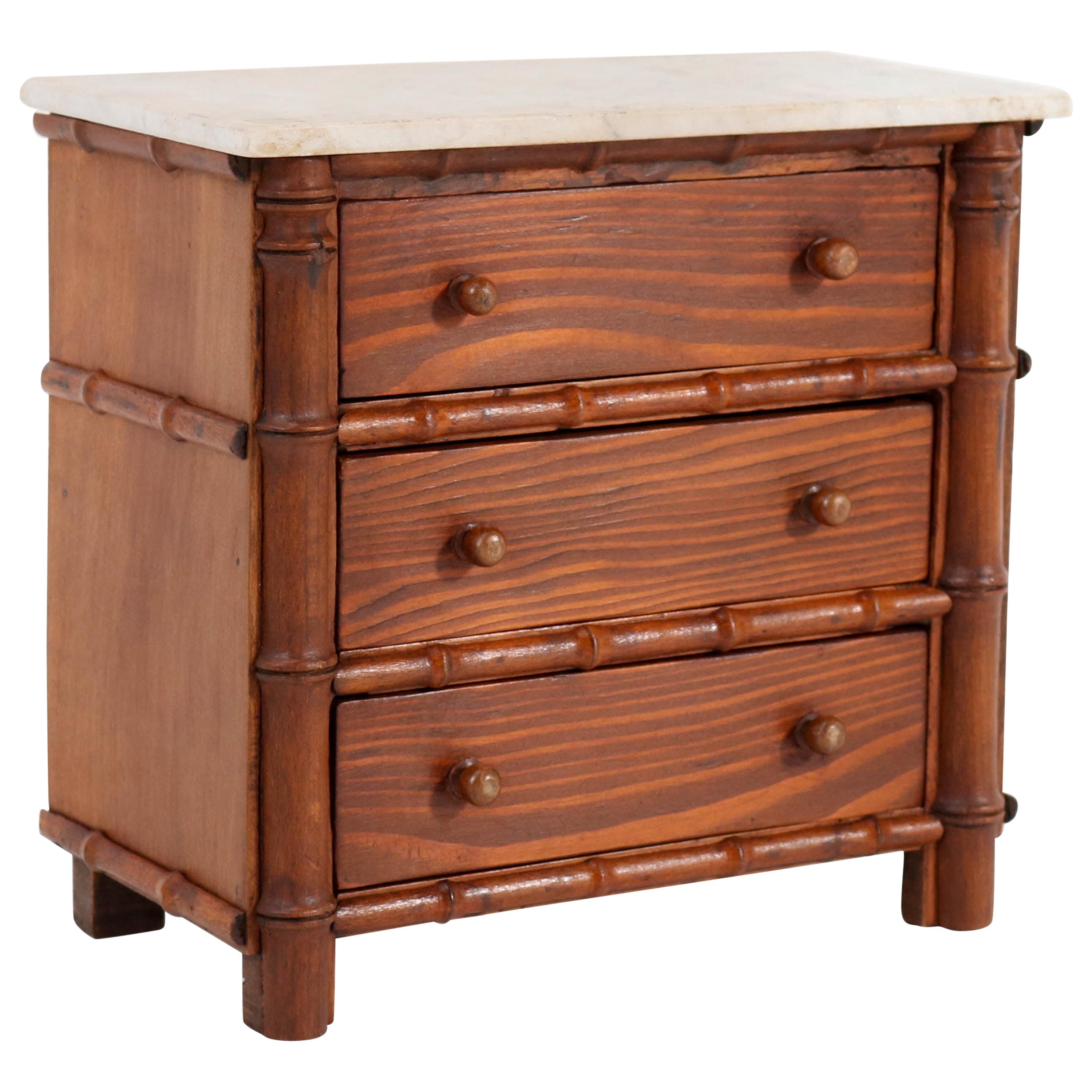Pine French Faux Bamboo Miniature Chest of Drawers with Marble Top, 1920s For Sale