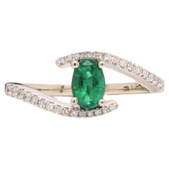 Pine Green Emerald Bypass Ring w Earth Mined Diamonds in Solid 14K Gold OV 6x4