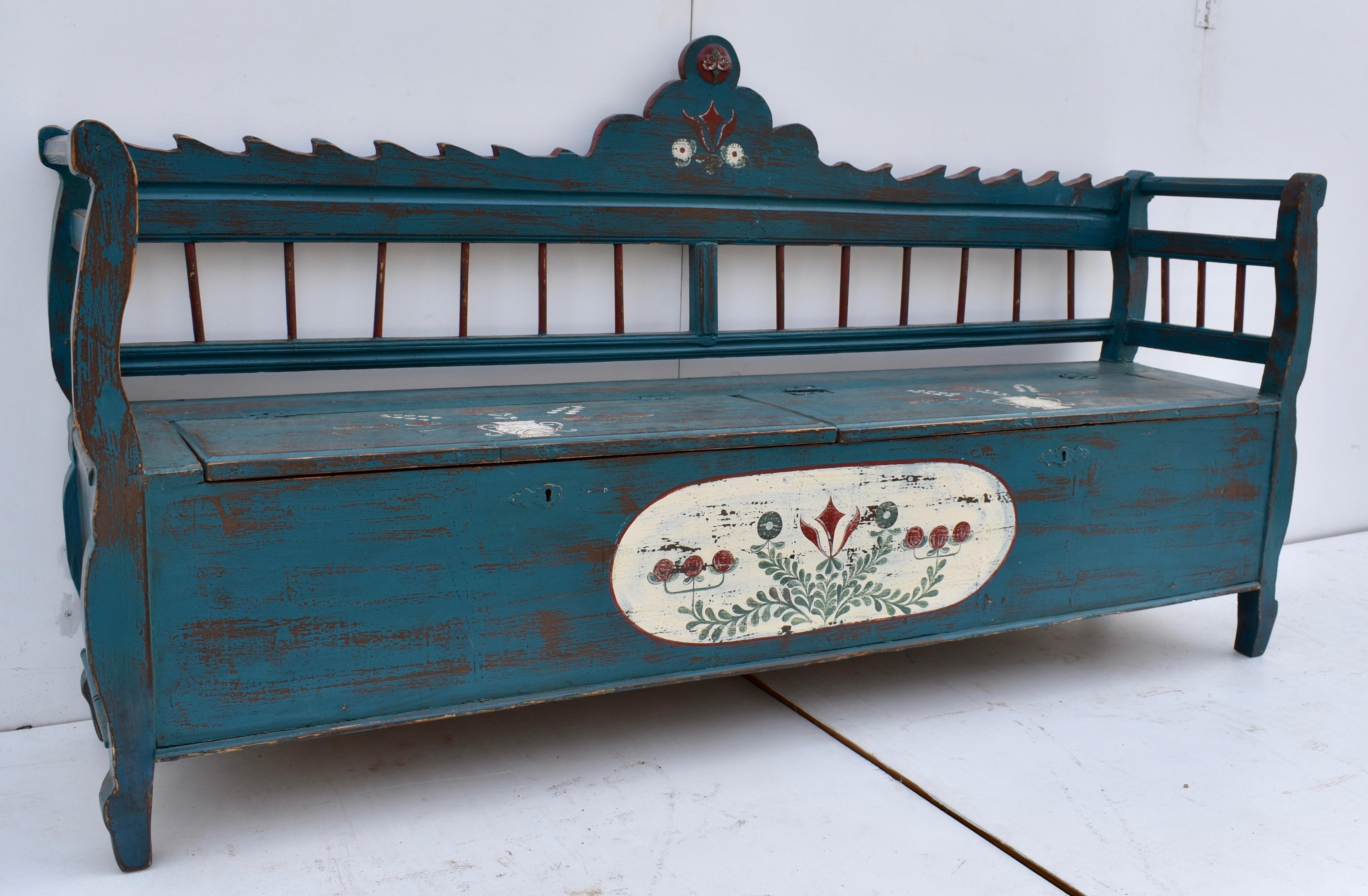 Folk Art Pine Hand-Painted Storage Bench