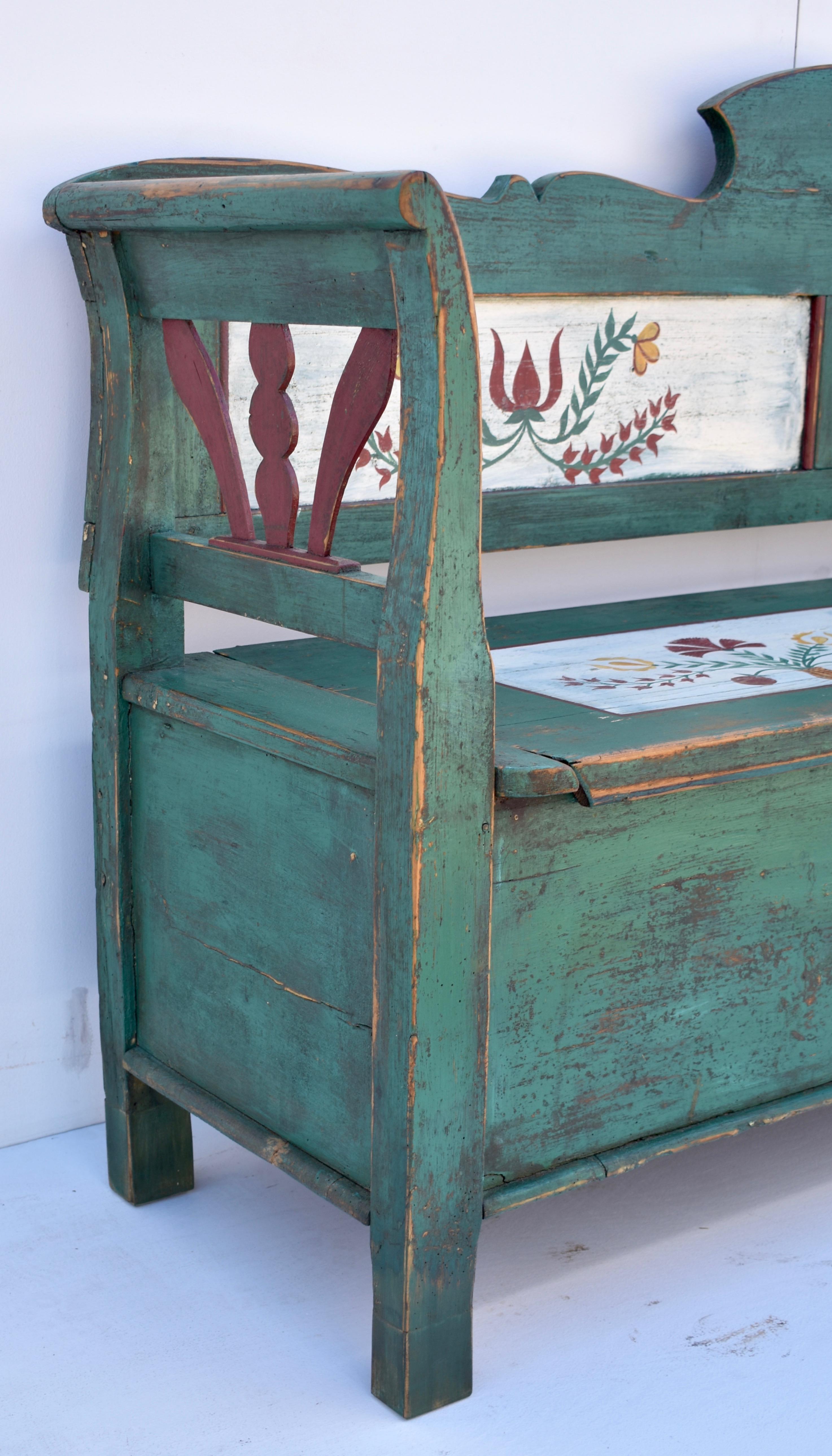 Folk Art Pine Hand-Painted Storage Bench