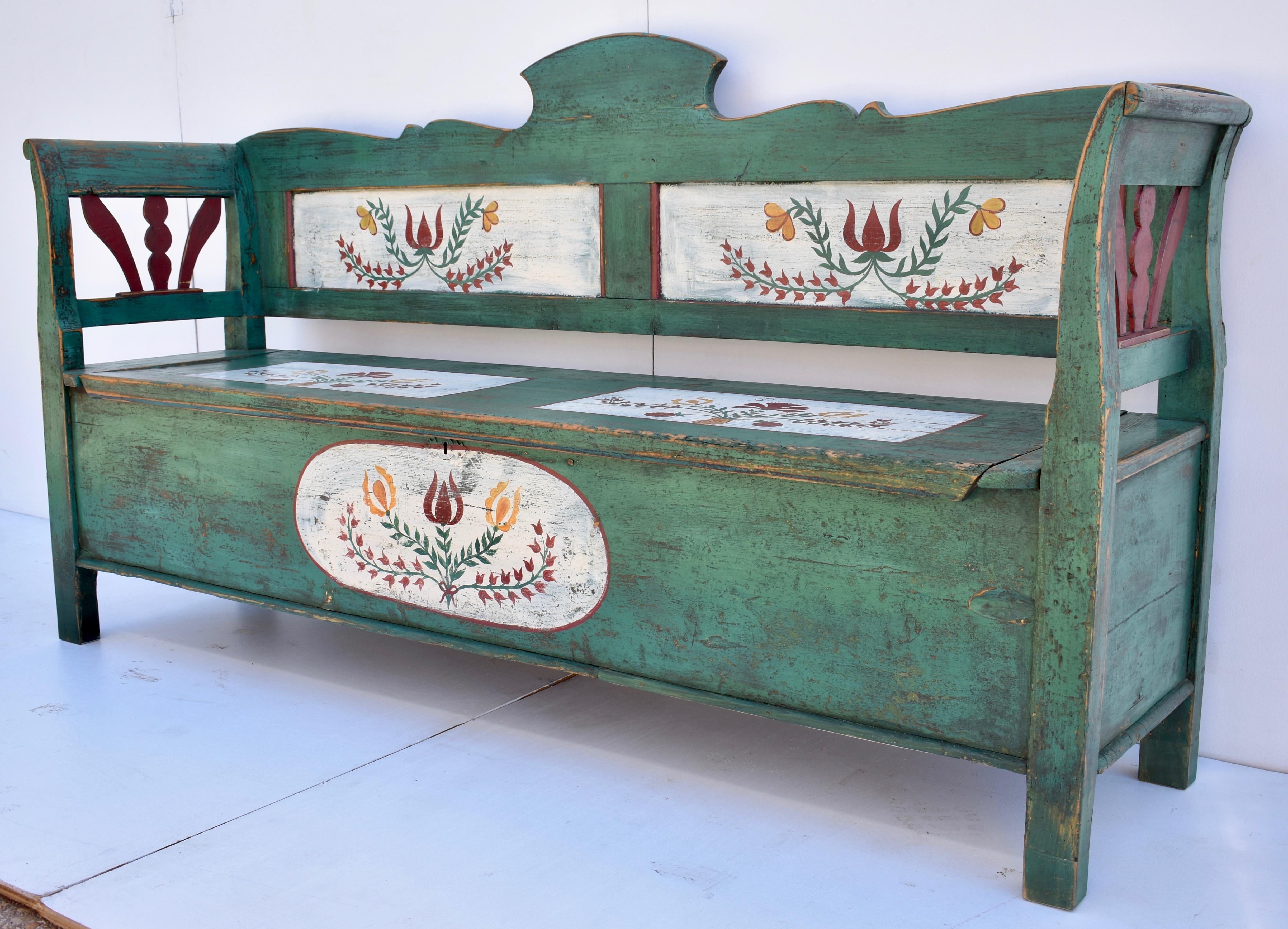 Hungarian Pine Hand-Painted Storage Bench