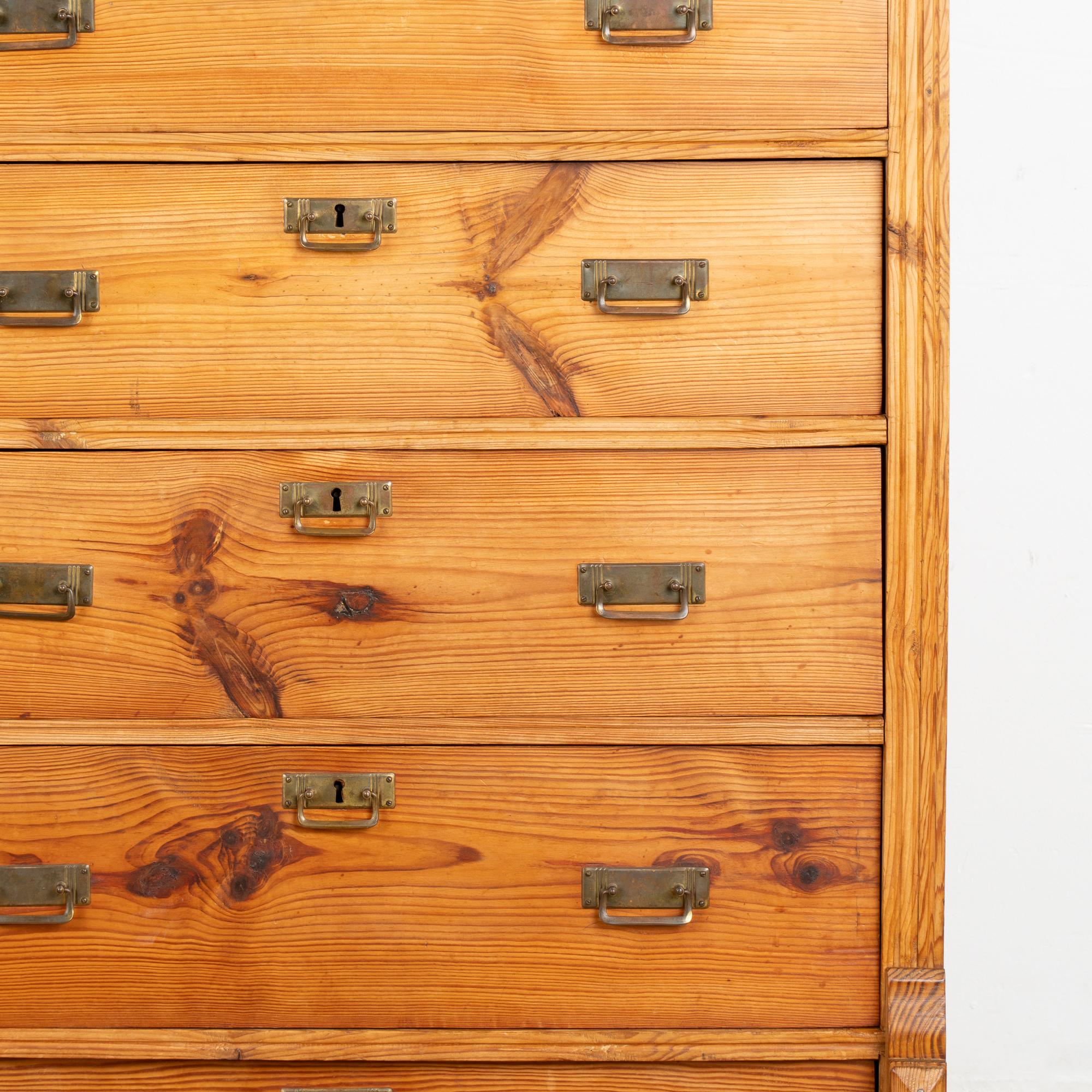Brass Pine Highboy Chest of Six Drawers, Denmark circa 1880 For Sale