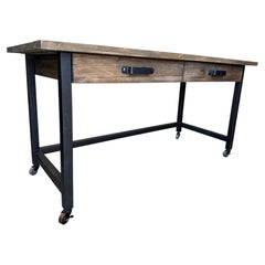 Pine Industrial Work or Desk Table with metal legs, drawers and wheels